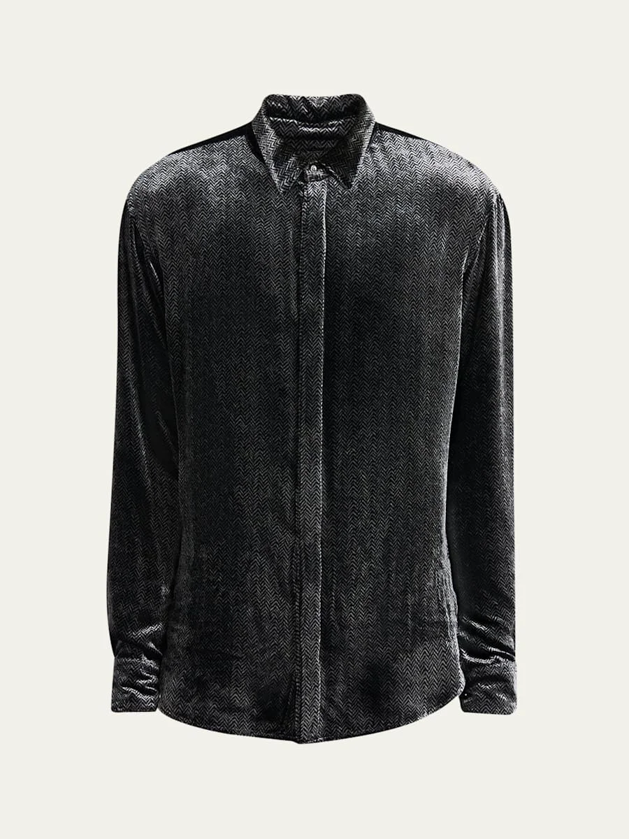 Men's Herringbone Velvet Concealed-Placket Tuxedo Shirt - 1