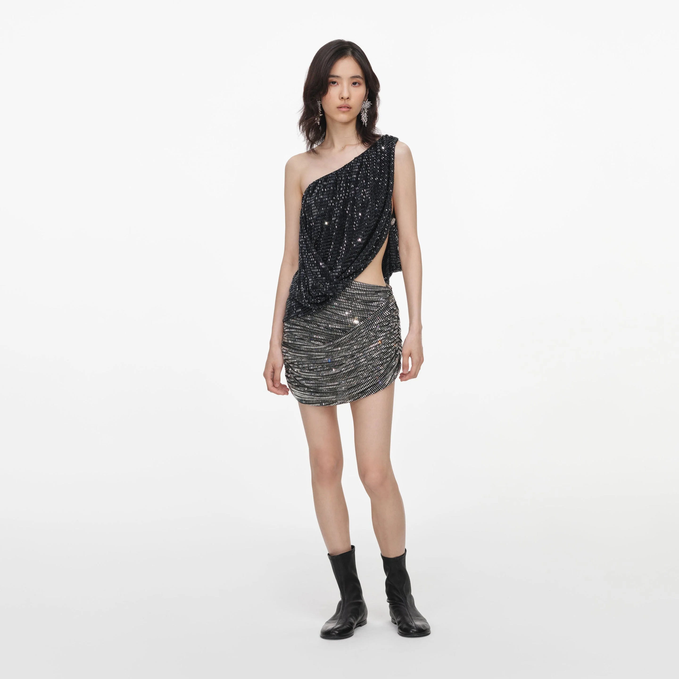 Black Rhinestone One Shoulder Drape Top - 1