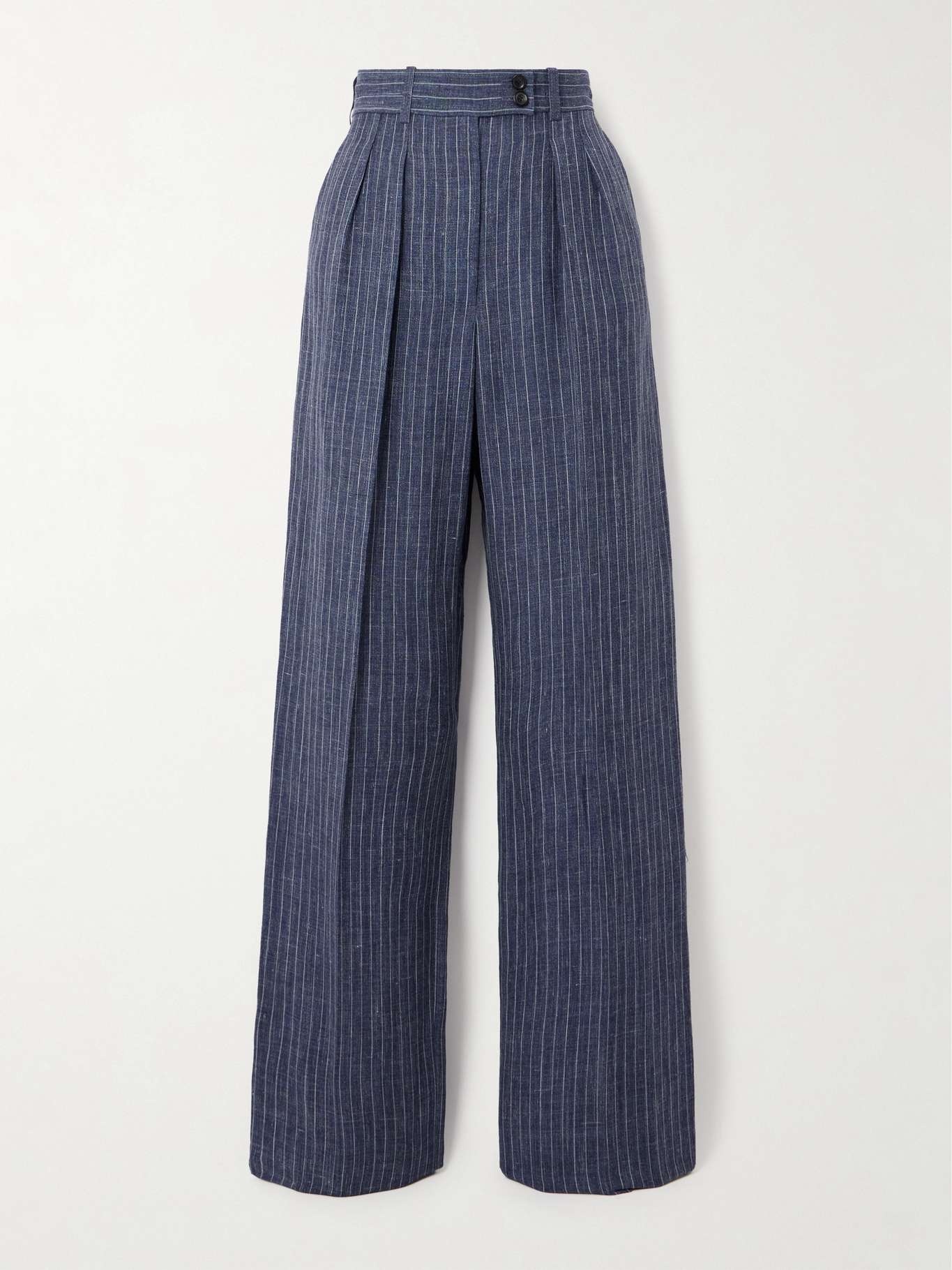 Pleated striped linen-blend straight-leg pants - 1