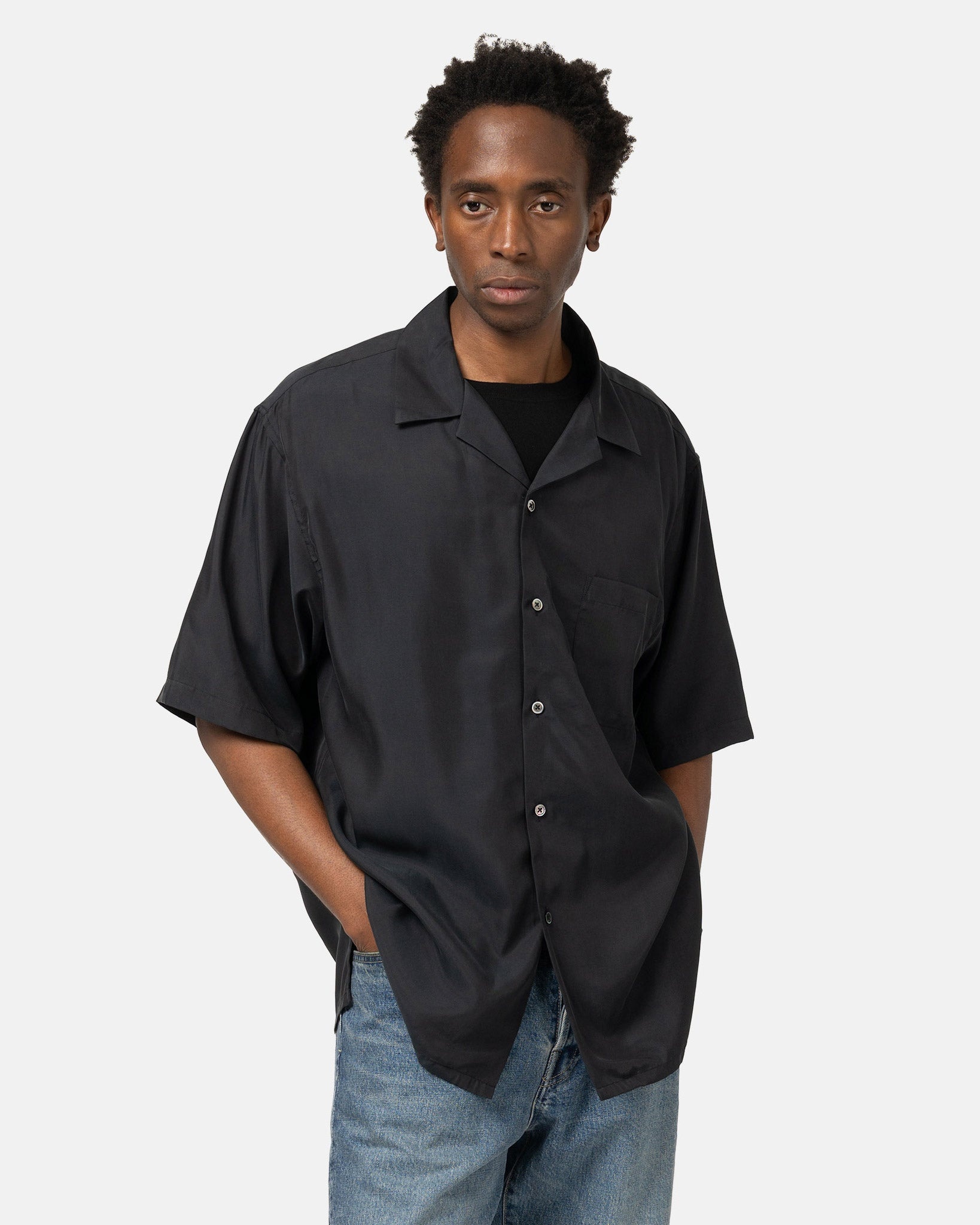 Cupro Twill Oversized Open Collar SS Shirt Black - 4