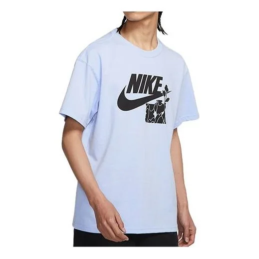 Men's Nike Flowers Alphabet Logo Printing Casual Sports Short Sleeve Light Blue T-Shirt DQ1009-548 - 1