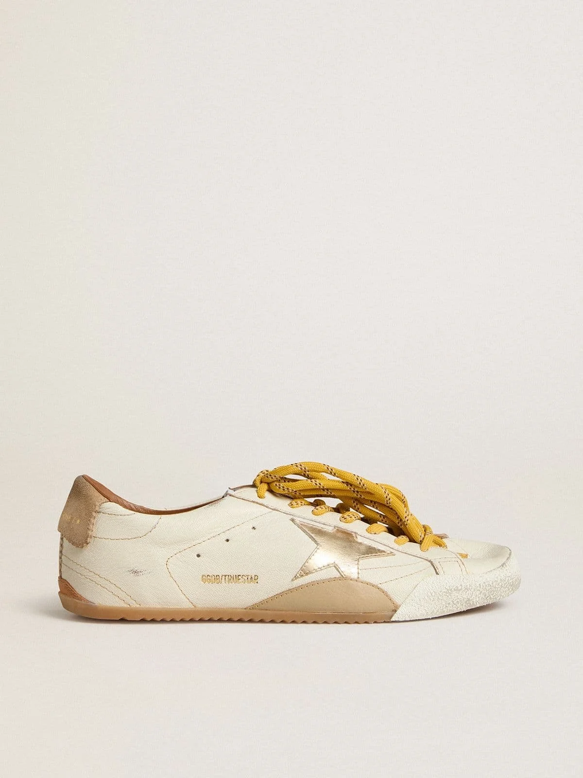 Men's True-Star in white nappa leather with gold foiled leather star and beige suede heel tab - 1