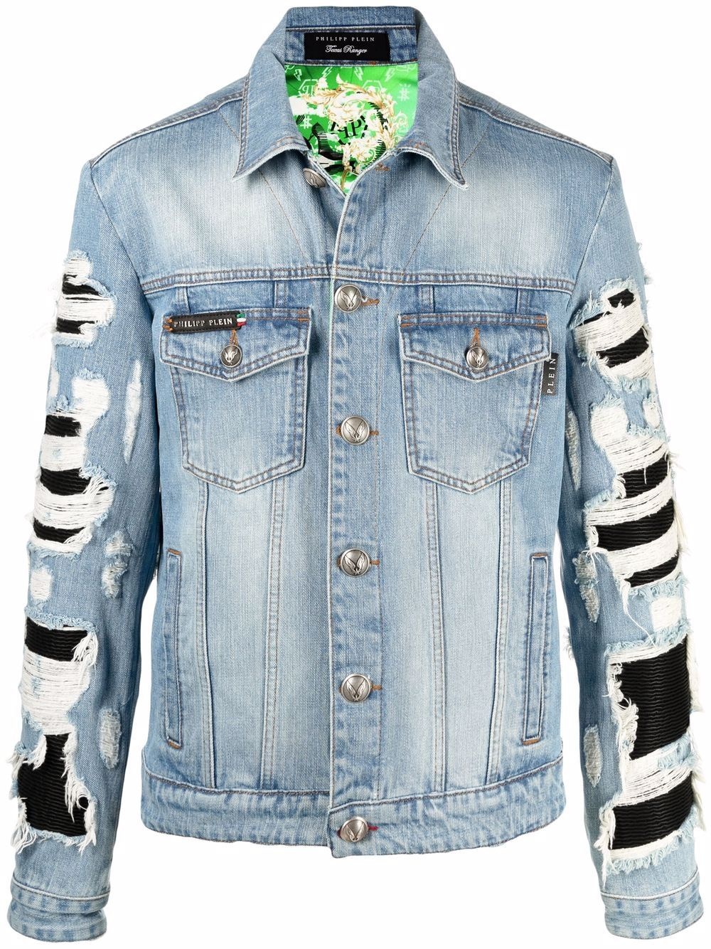 tropical-print distressed-effect denim jacket - 1