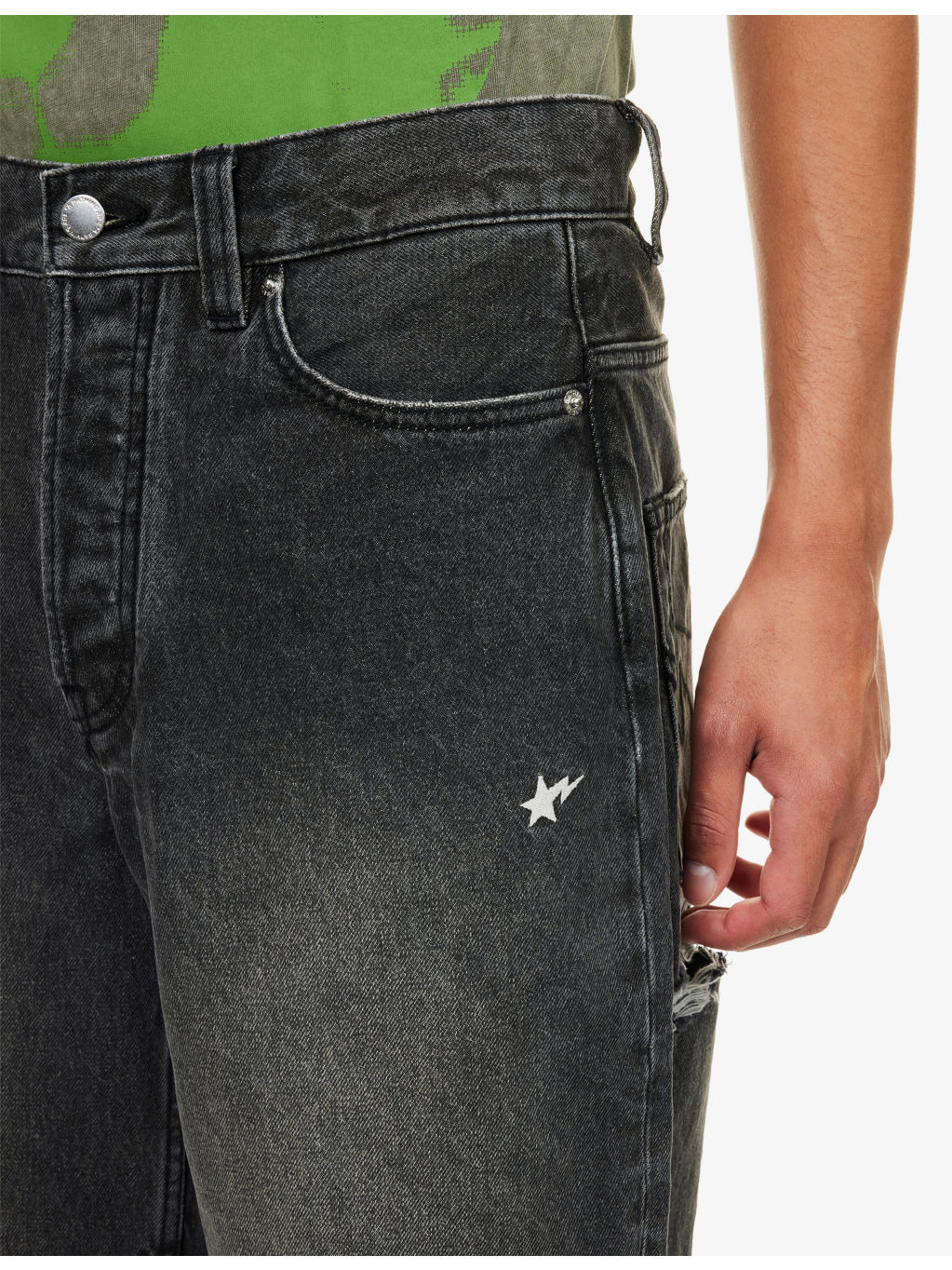 Sta Embroidered Distressed Denim Shorts - 5