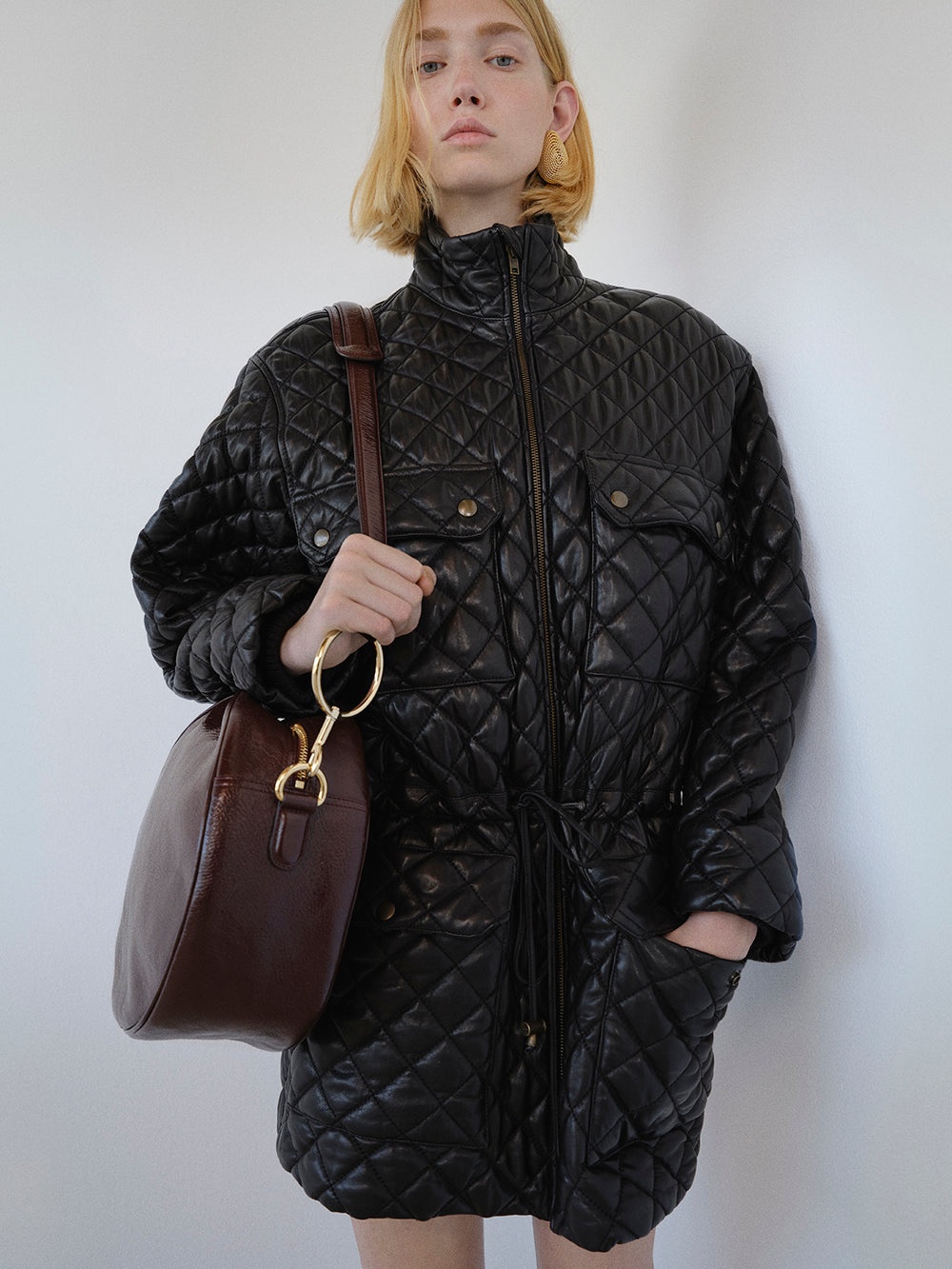 Leather Quilted Parka in Black - 2
