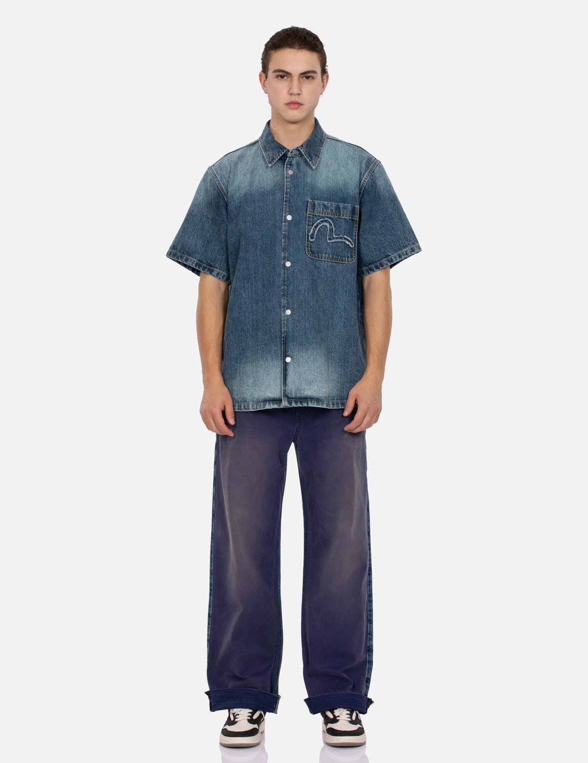 Seagull Appliqué Embroidery Baggy Fit Patchwork Jeans - 6