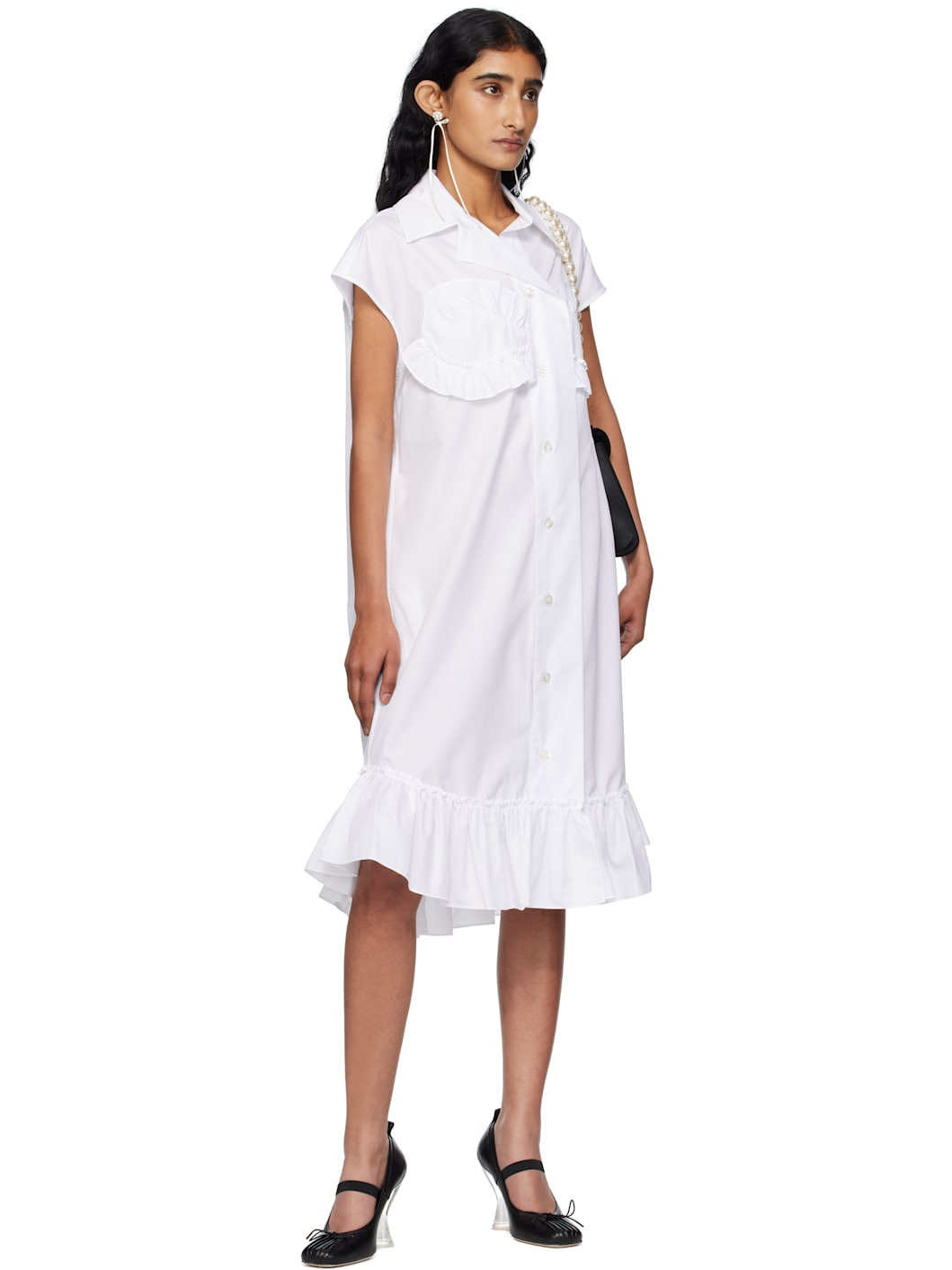 White Sleeveless Ruffle Bust Detail Midi Dress - 4