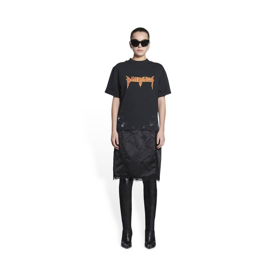 Women's Metal T-shirt Slip Dress in Black - 2