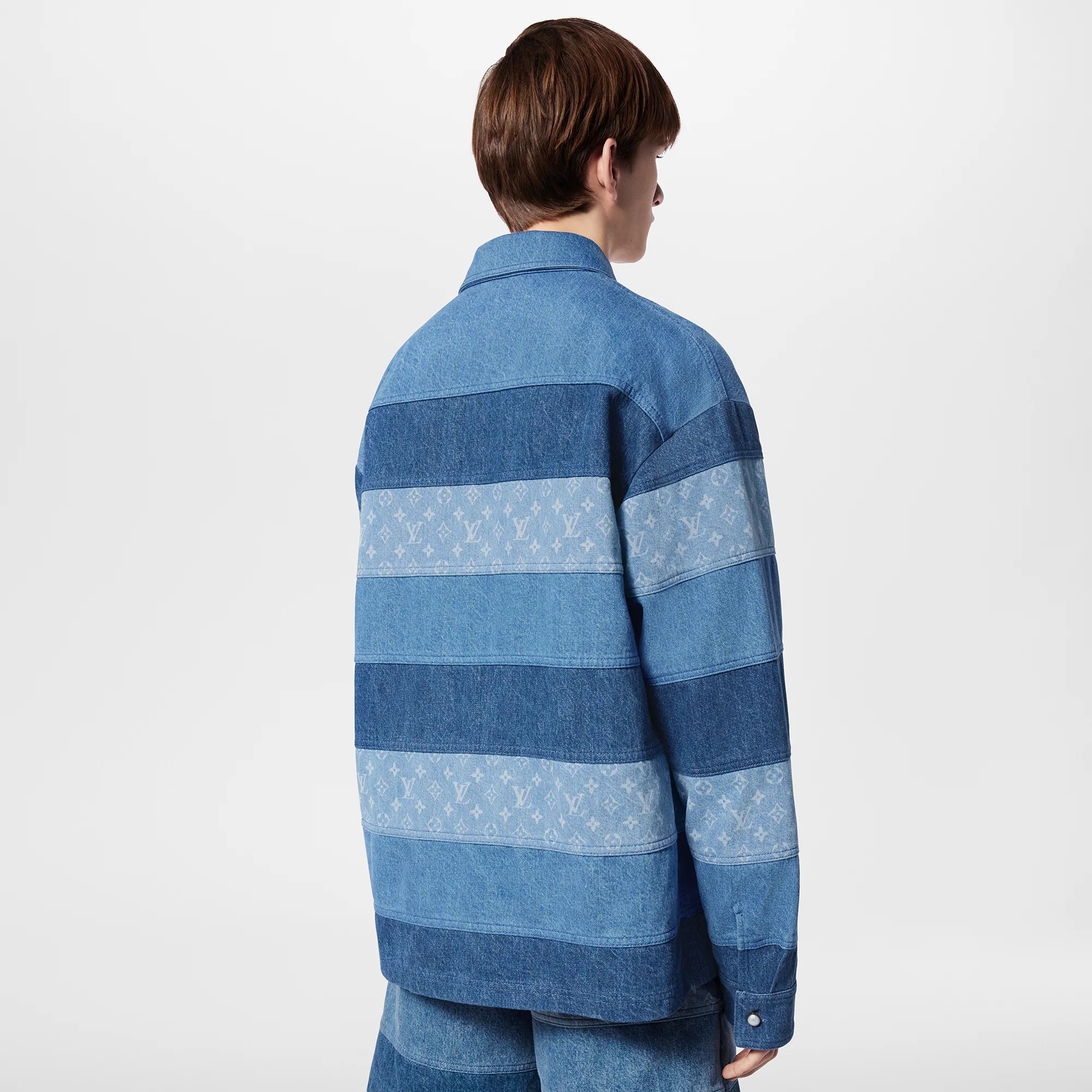 Patchwork Long-Sleeved Denim Polo Shirt - 5
