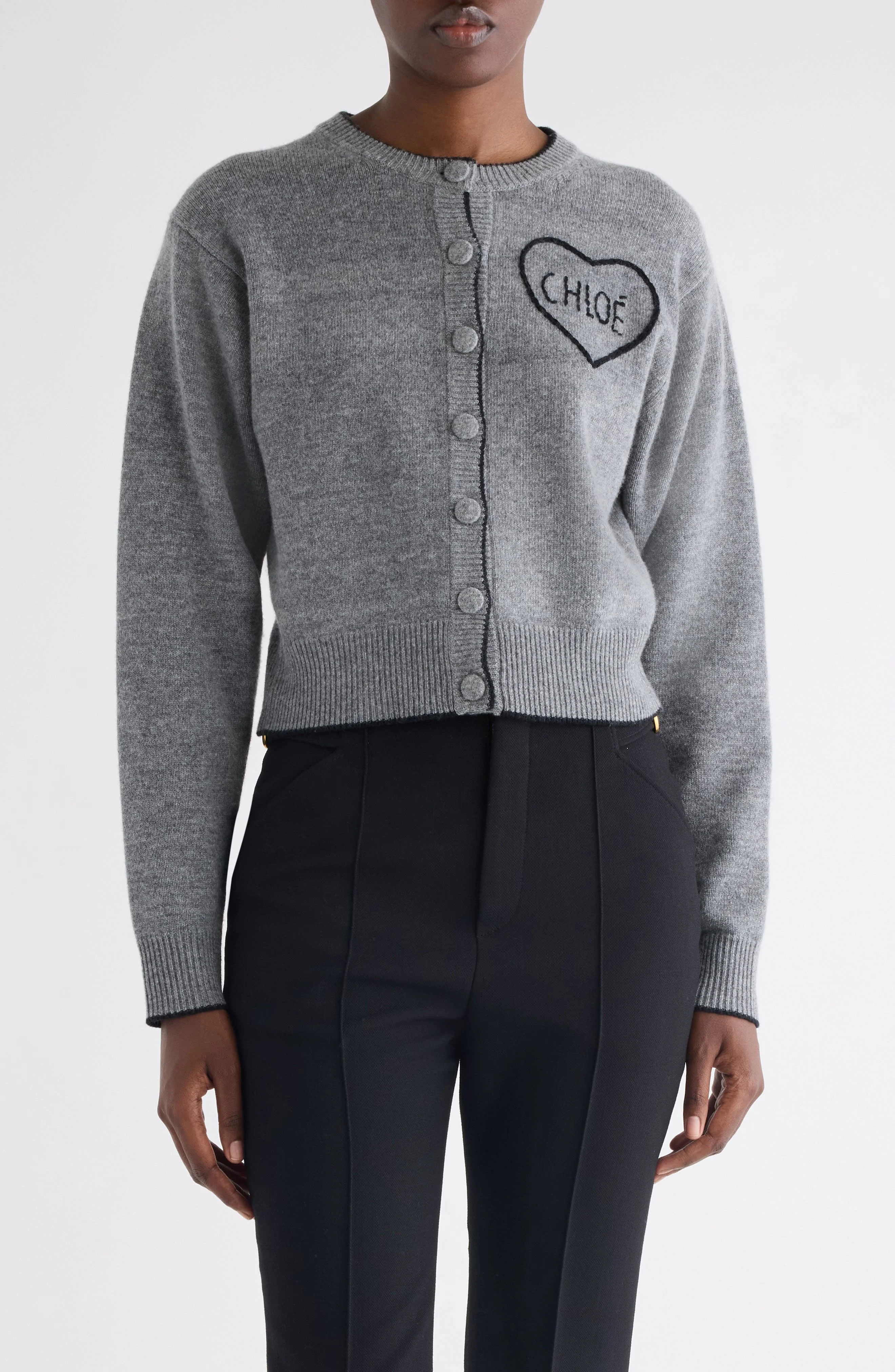 Chloé Embroidered Logo Crop Wool & Cashmere Cardigan in Divine Grey at Nordstrom - 1