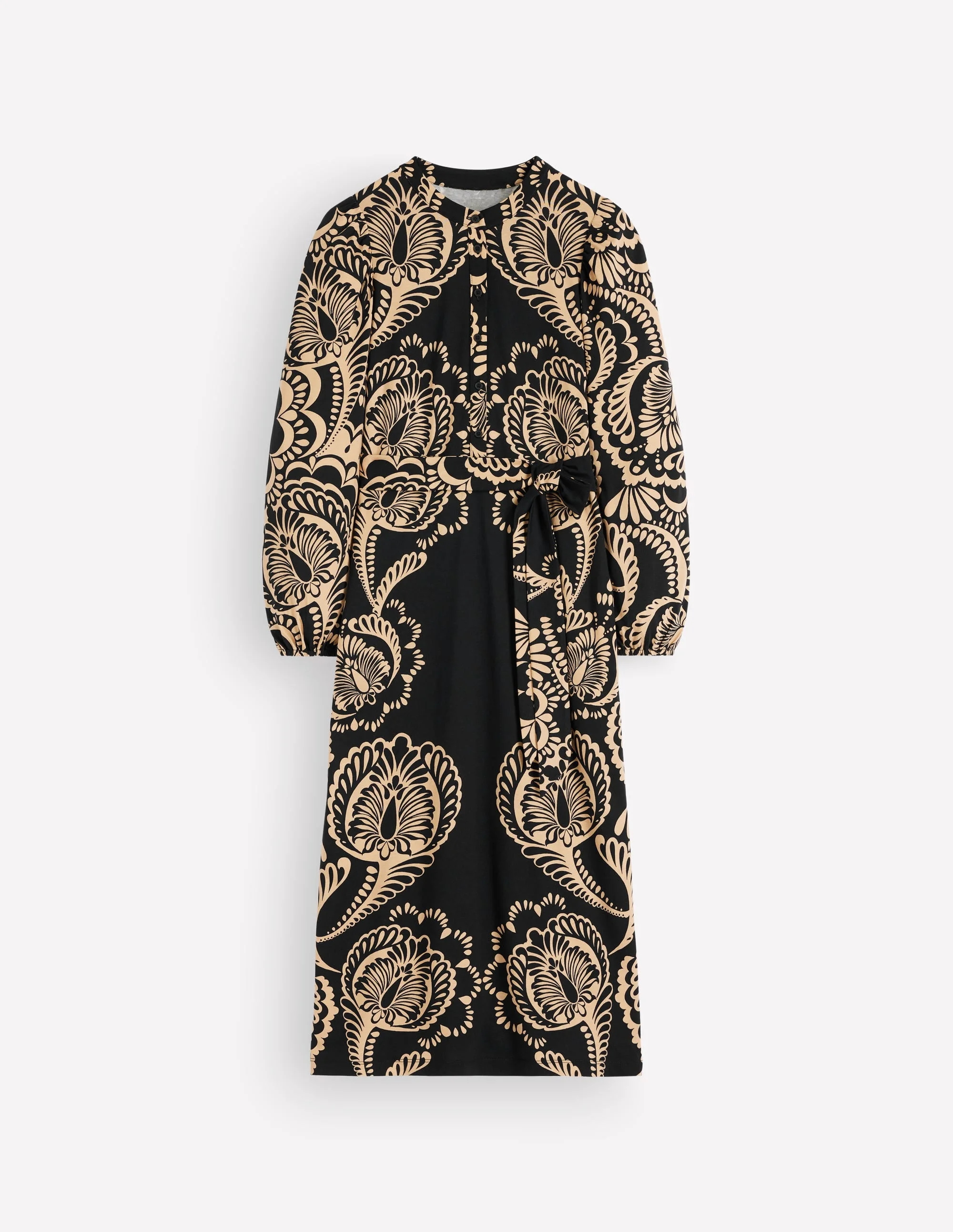 Eli Belted Jersey Midi Dress-Black, Flourishing Medley - 1