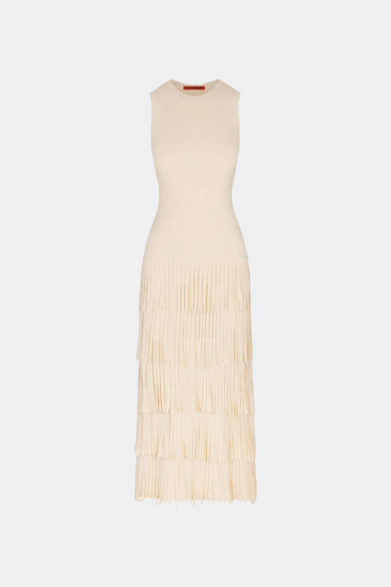 Za Za Sleeveless Knit Fringe Dress in Ivory 1