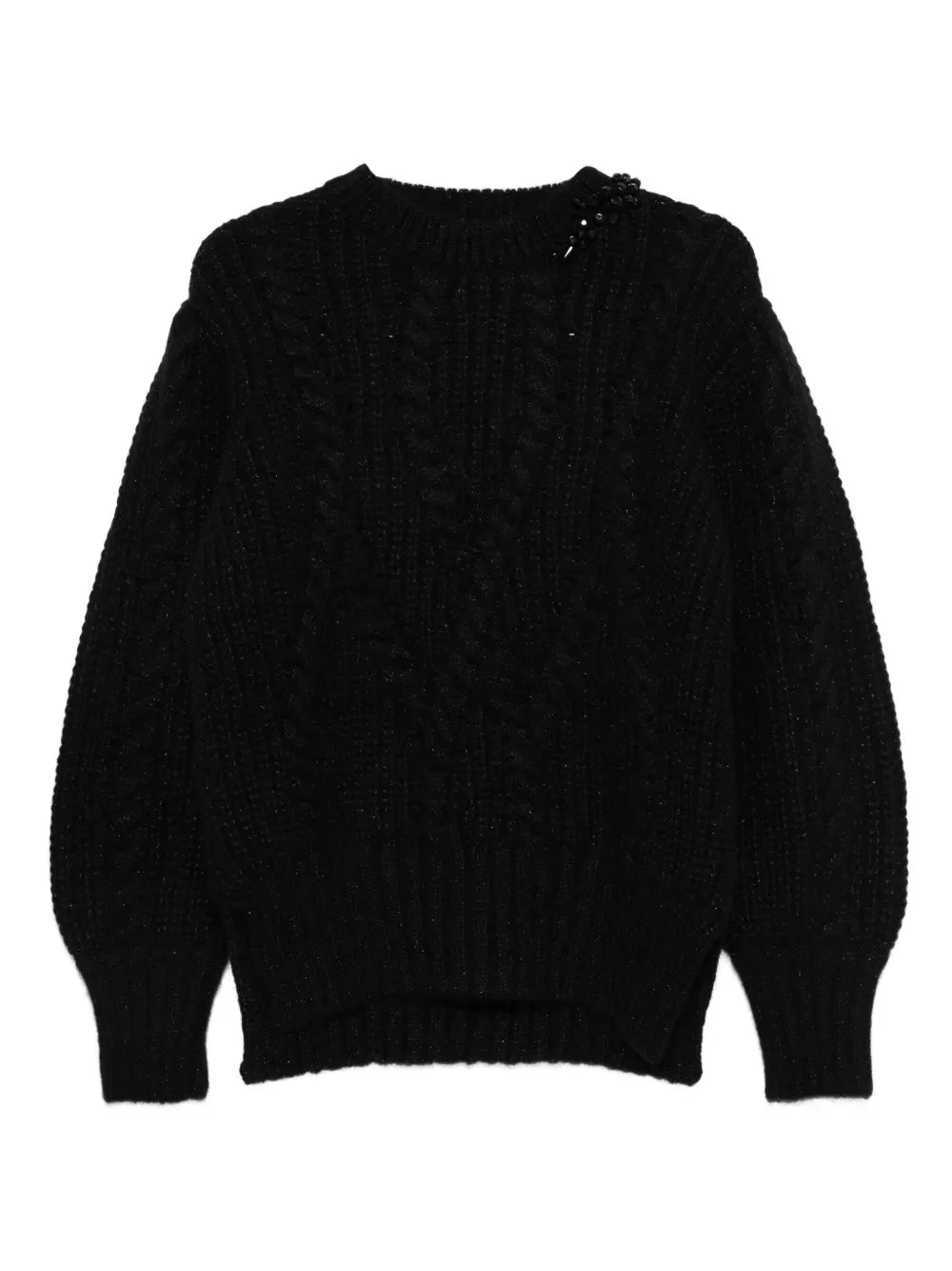 PUFF SLEEVE CHUNKY KNIT JUMPER WITH EMBROIDERY – BLACK/JET - 1