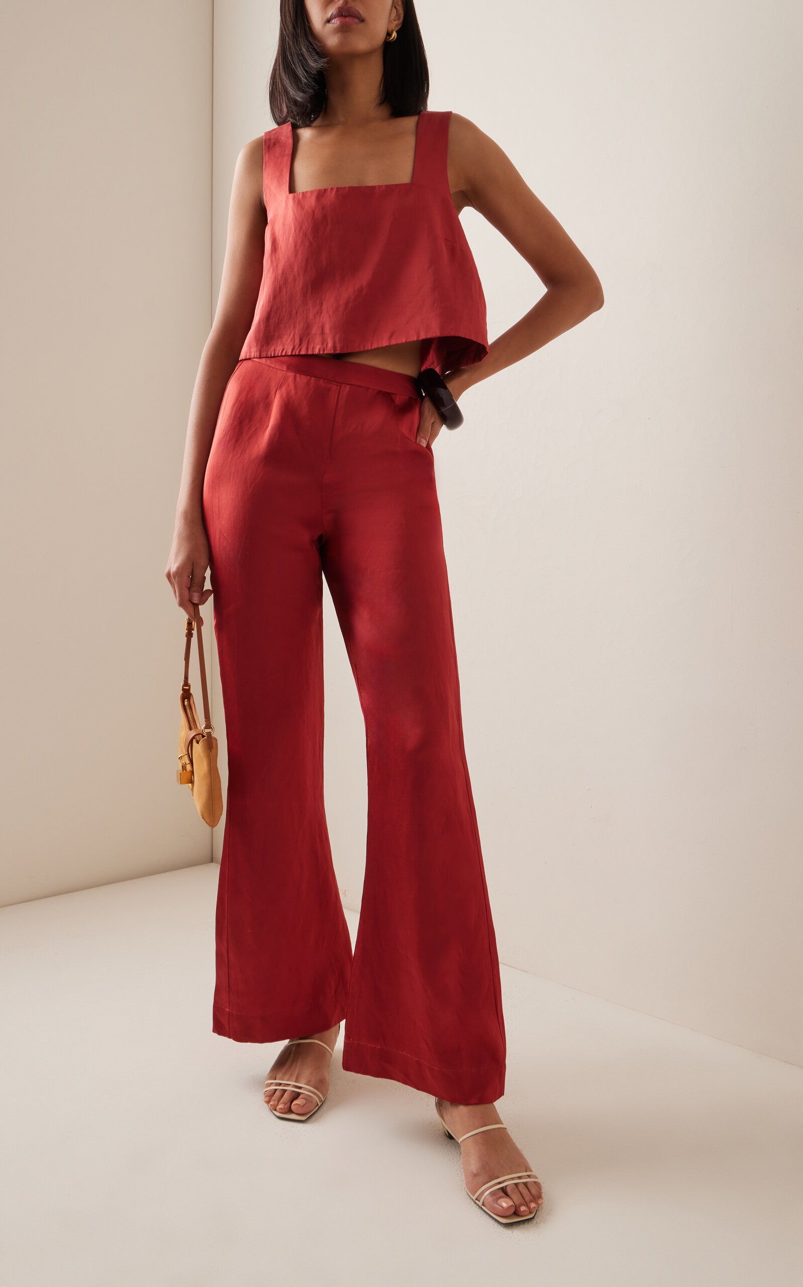 Tia High-Waisted Linen Flared-Leg Pants red - 2