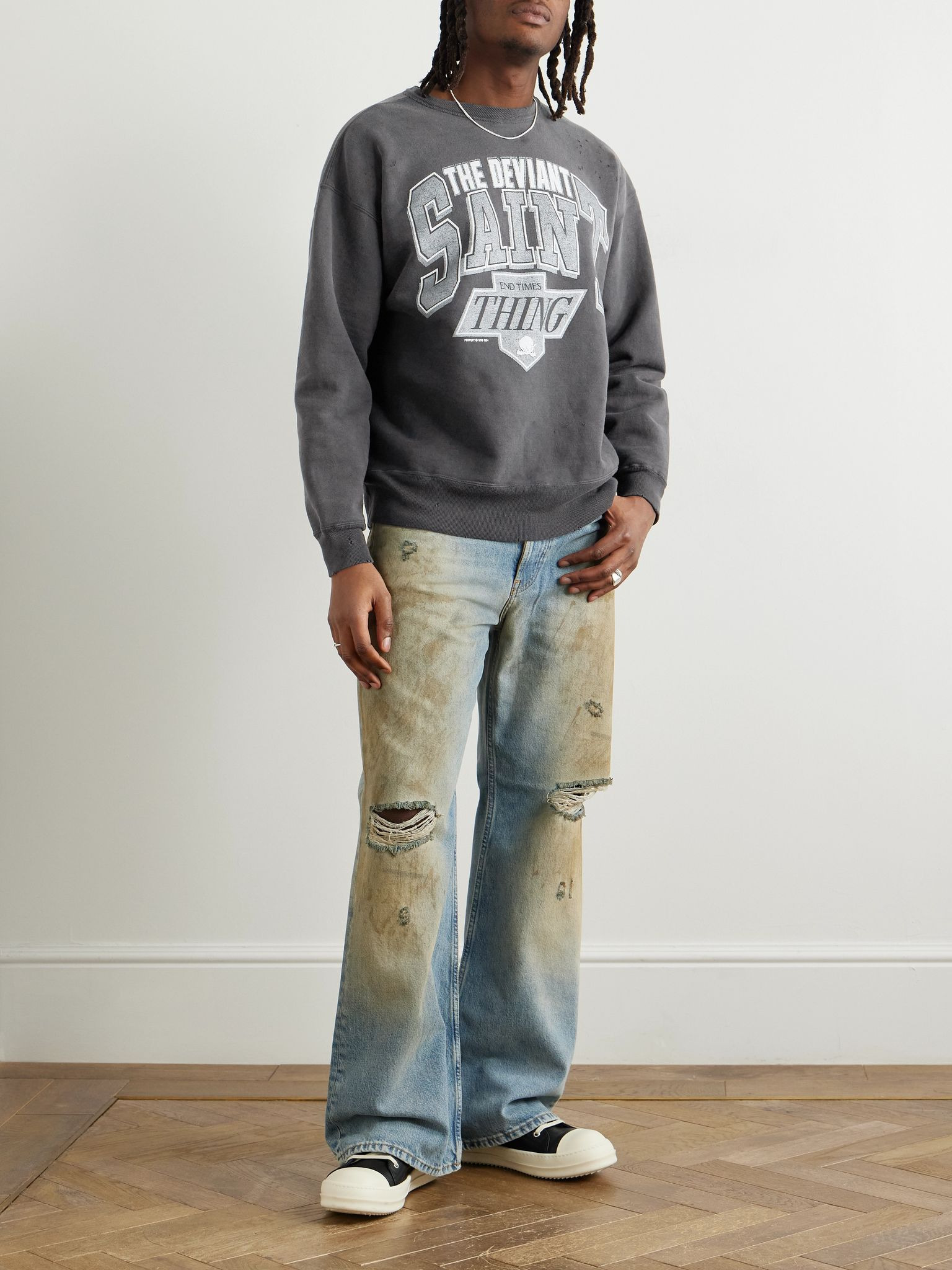 The Deviant Distressed Logo-Print Cotton-Jersey Sweatshirt Gray - 2