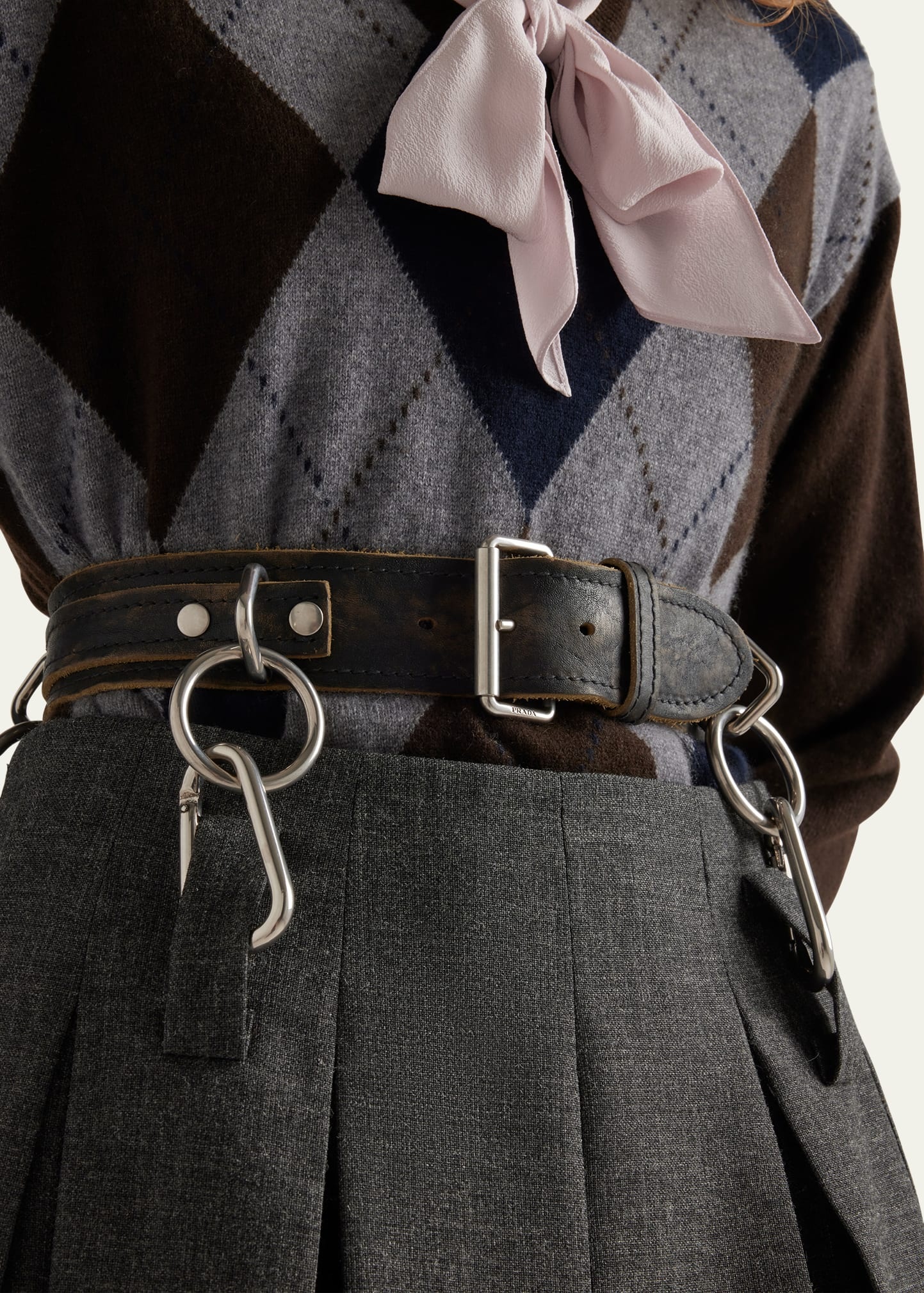 Suspended Leather Belt Pleated Wool Skirt - 4