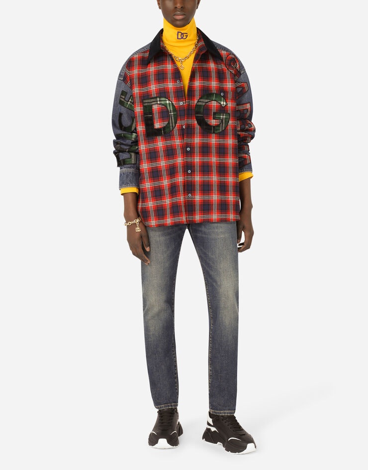 Tartan wool and denim shirt with DG patch - 7