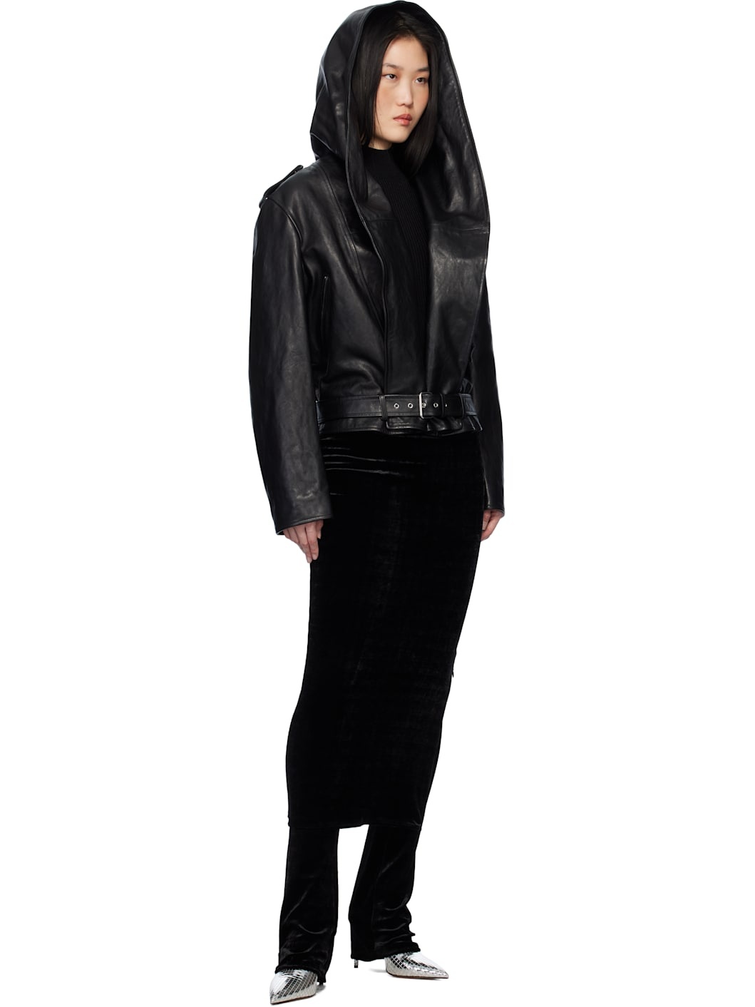 Alaïa Black Hooded Biker Leather Jacket | ssense | REVERSIBLE