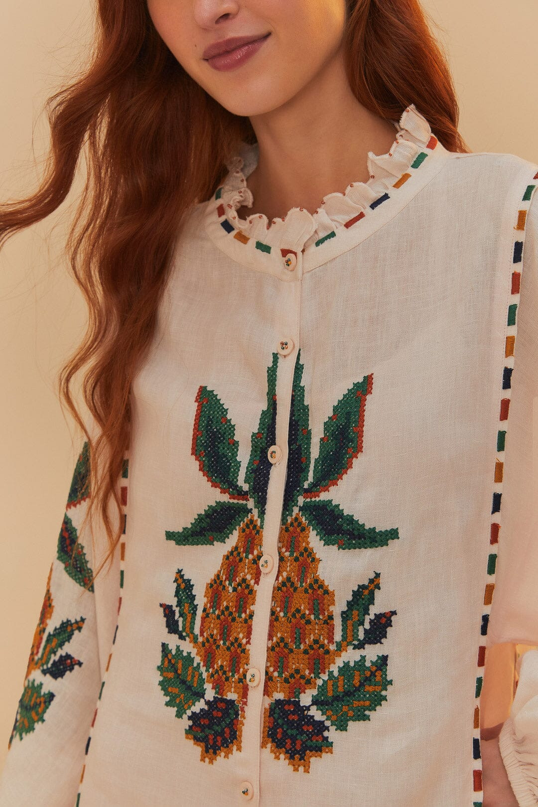 Light Pink Cross Stitch Pineapple Embroidered Midi Dress - 3