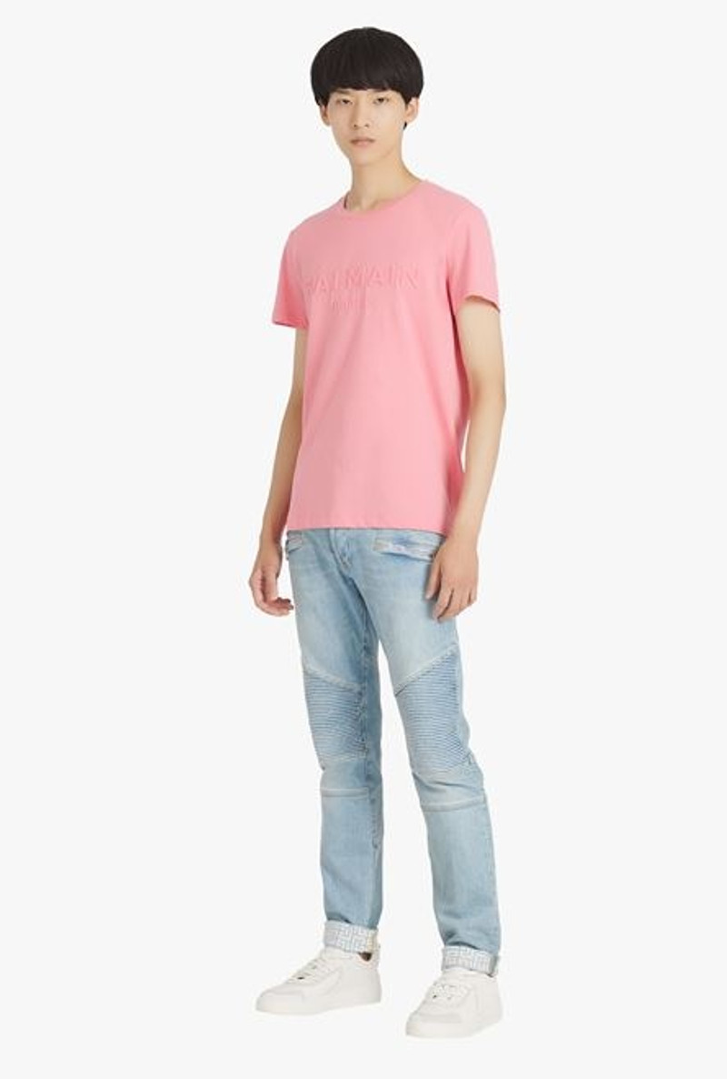 Balmain Slim cut faded and ridged light blue eco-designed denim cotton jeans with Balmain monogram on hem outlook
