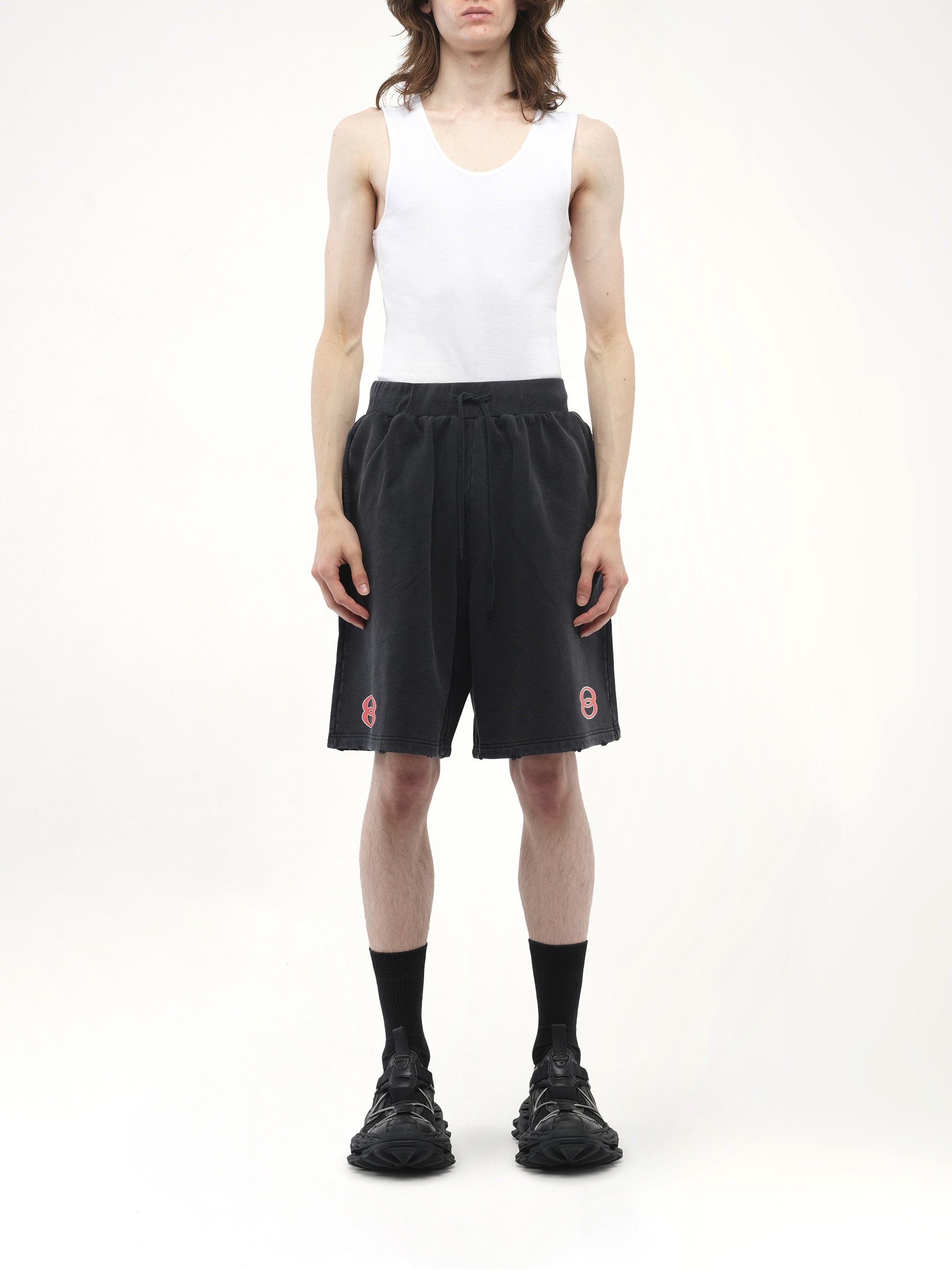 Sponsor Logo Long Shorts in Faded Washed Black - 7