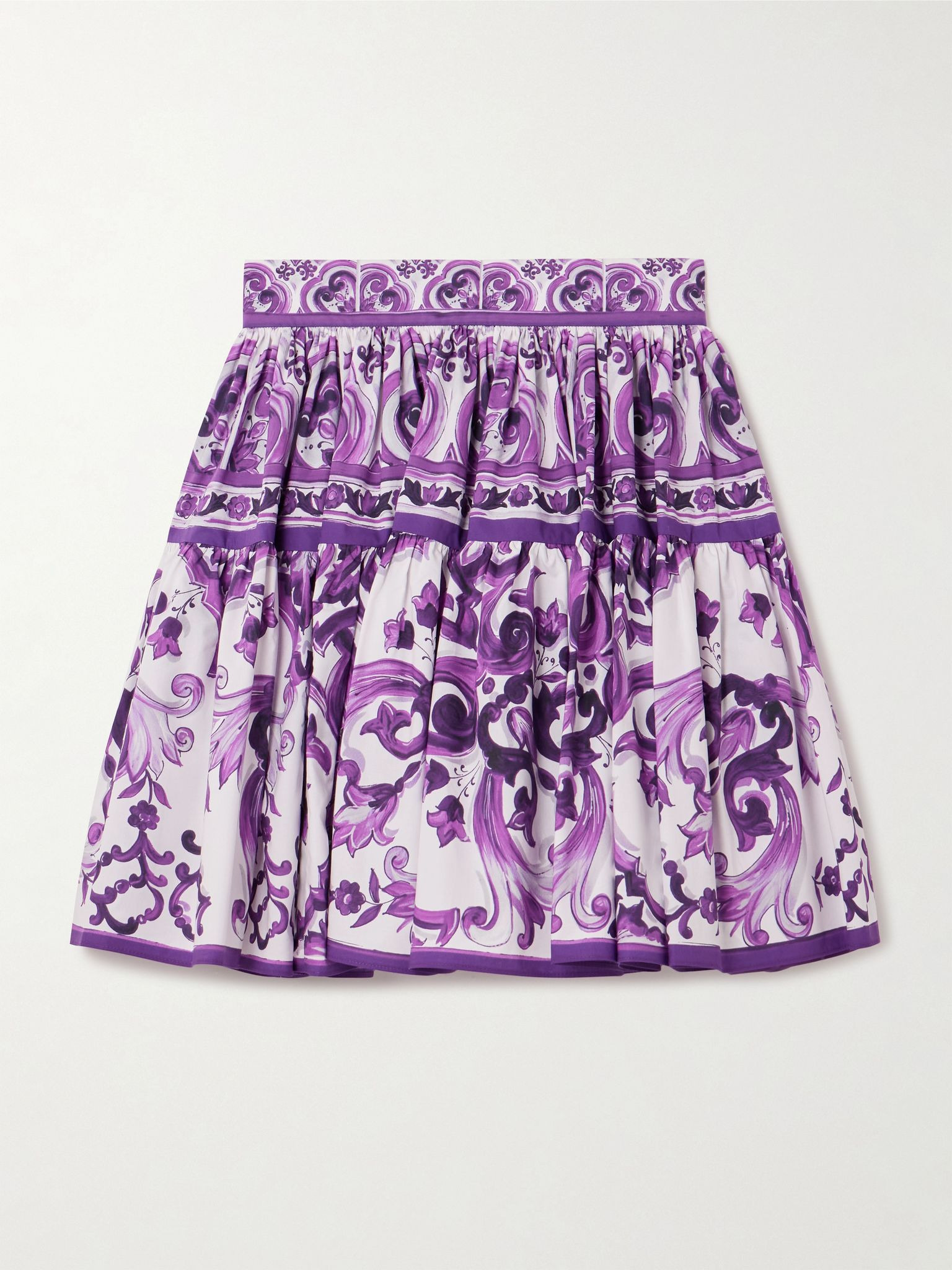 Printed gathered cotton-poplin mini skirt Purple - 1