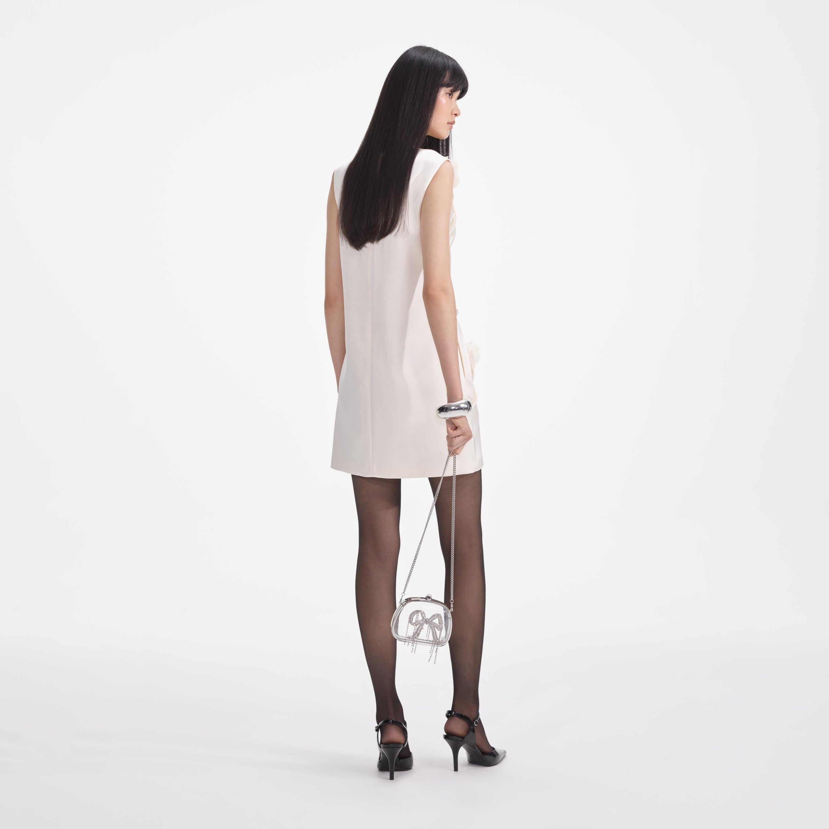 Cream 3D Flower Satin Mini Dress - 3
