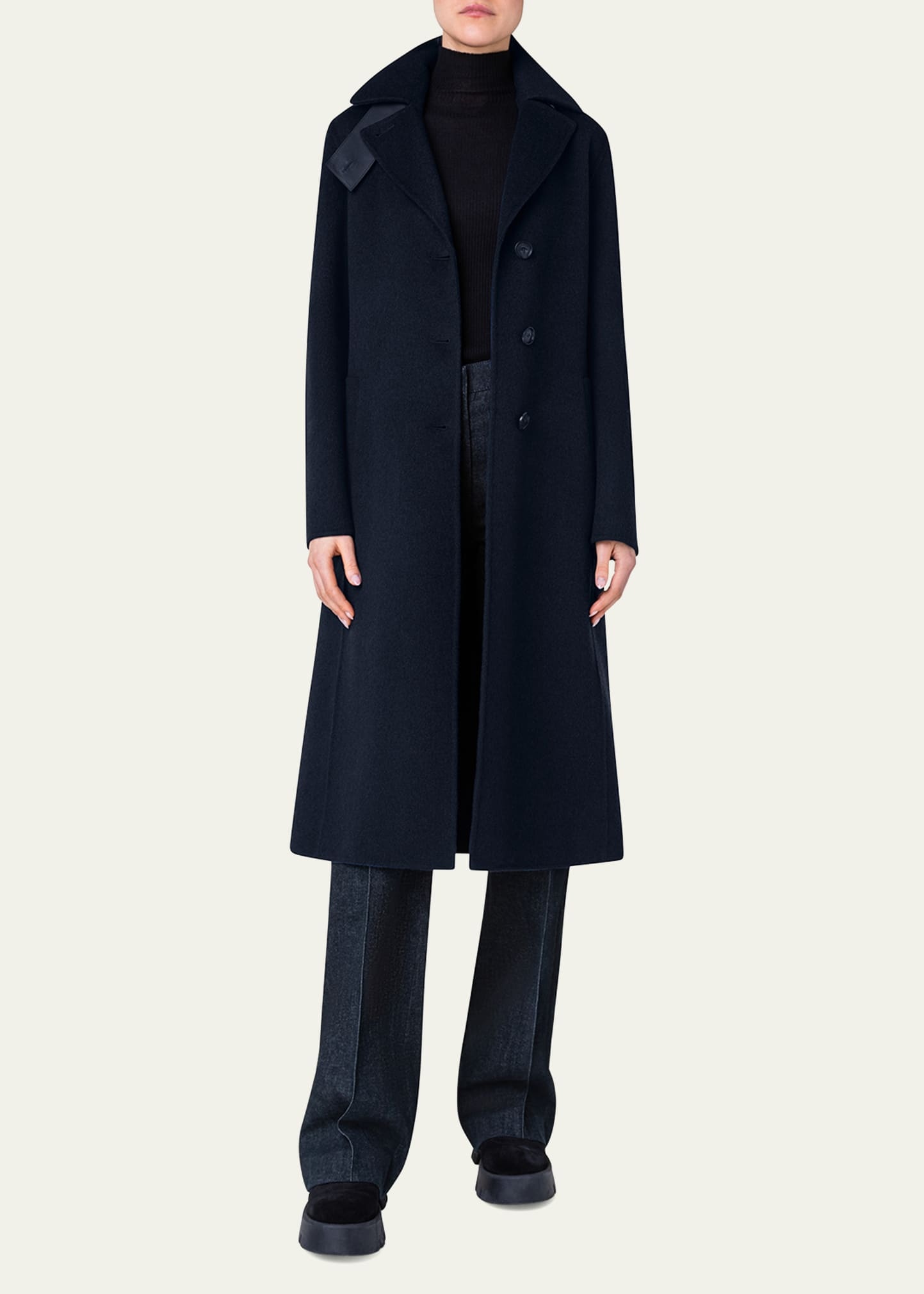 Leather Collar Cashmere Coat - 2