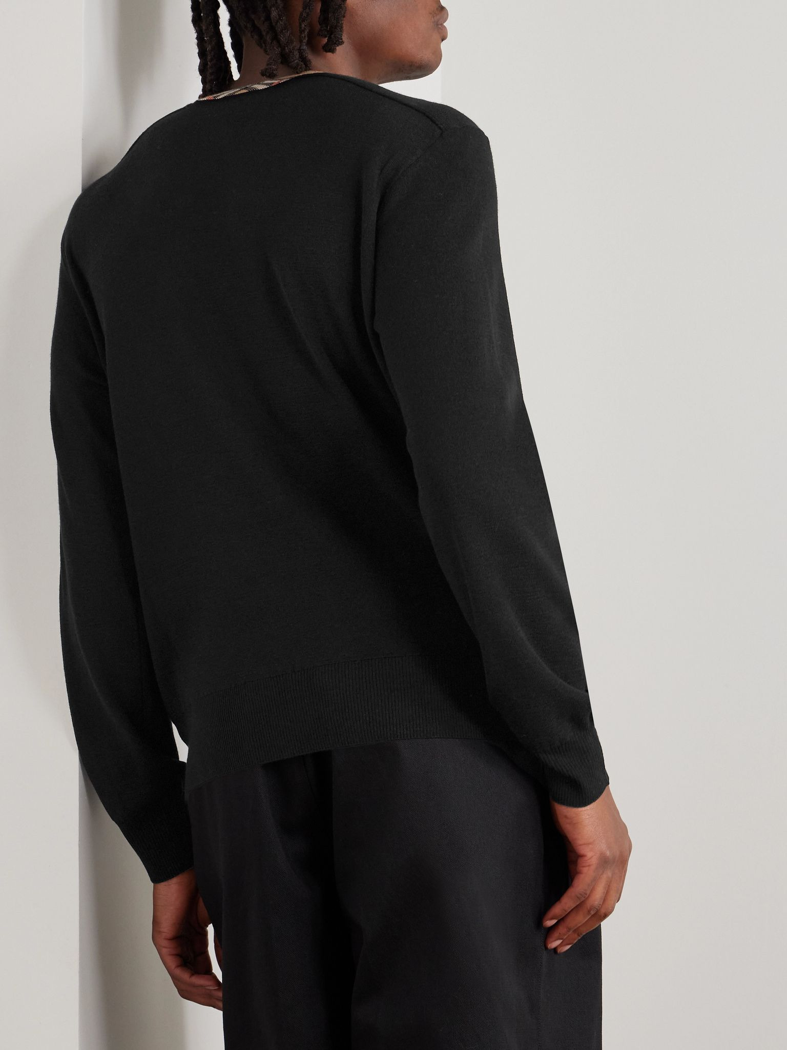 Checked Jacquard-Trimmed Wool Sweater Black - 3