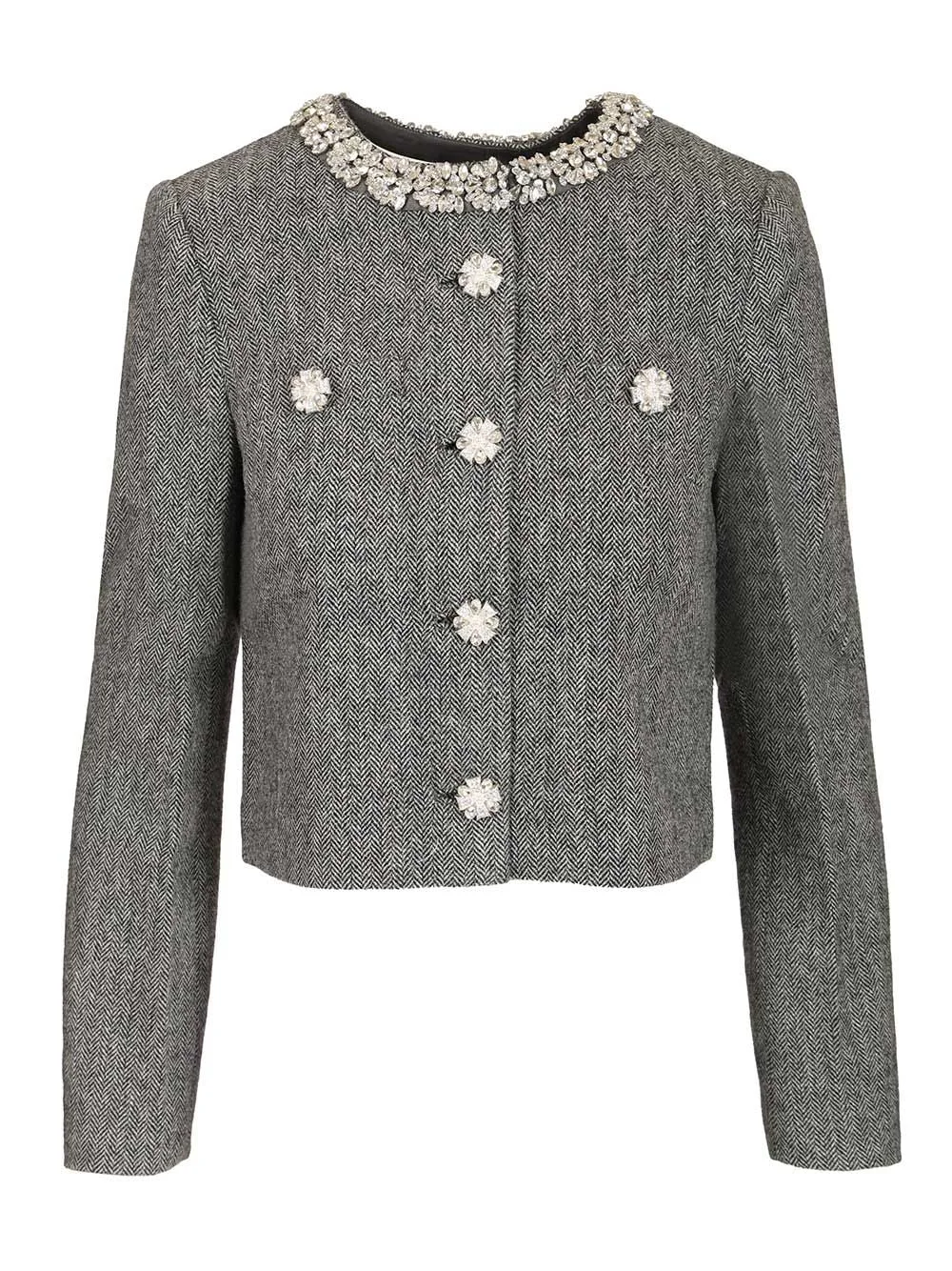 Grey Herringbone Crystal Trim Jacket Jackets Grey - 1