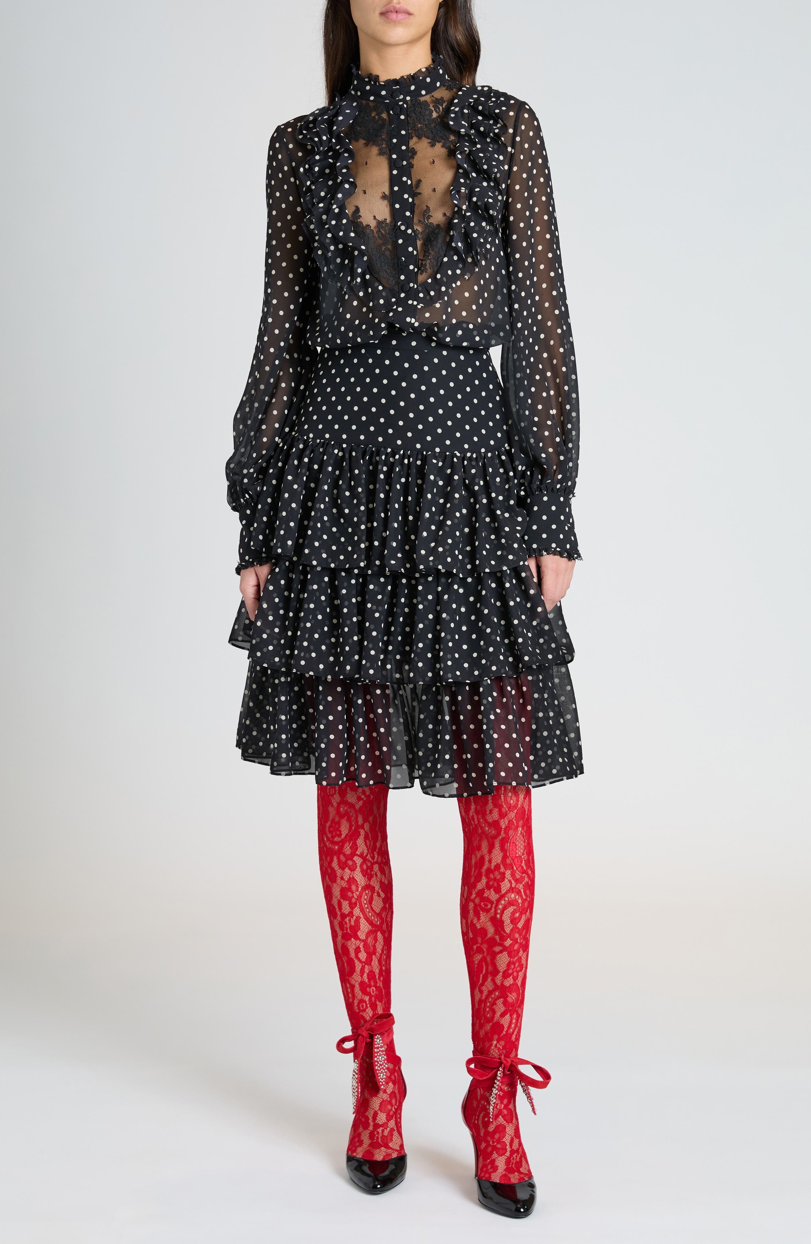Valentino Garavani Polka Dot Tulle Bib Button-Up Shirt in Nero/Betulla at Nordstrom - 2