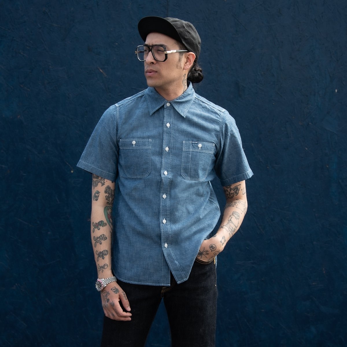 IHSH-285-IND 5.5oz Selvedge Chambray Short Sleeved Work Shirt - Indigo - 4