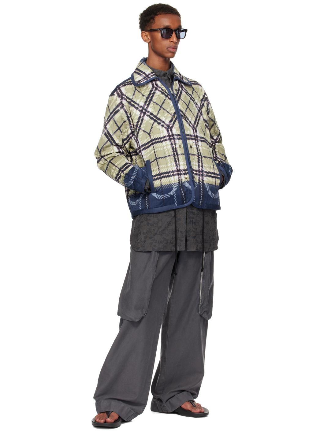 Beige & Navy Quilted Plaid Fade Jacket - 5