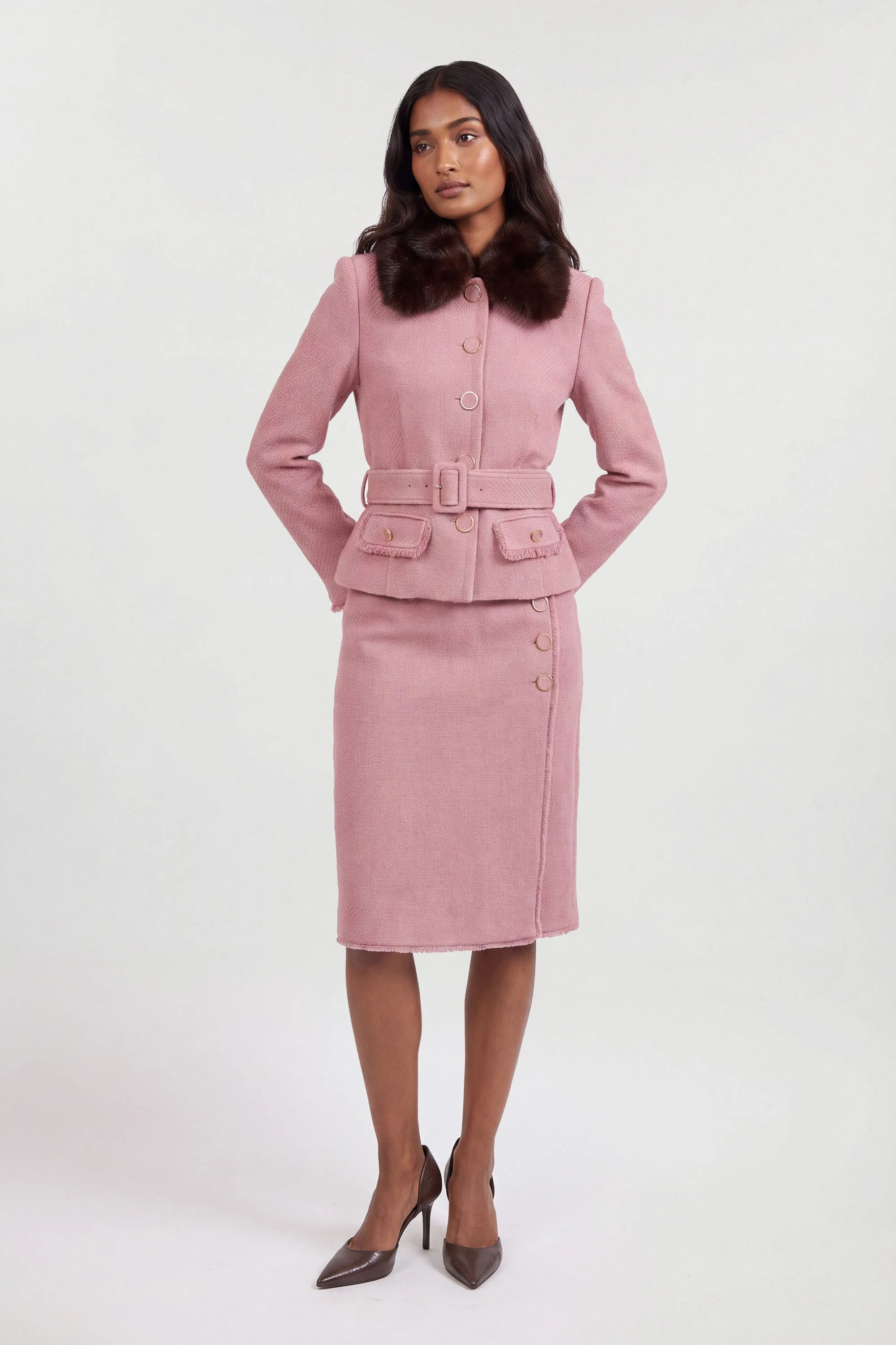 Texture Tweed Detachable Faux Fur Collar Tailored Jacket - 1