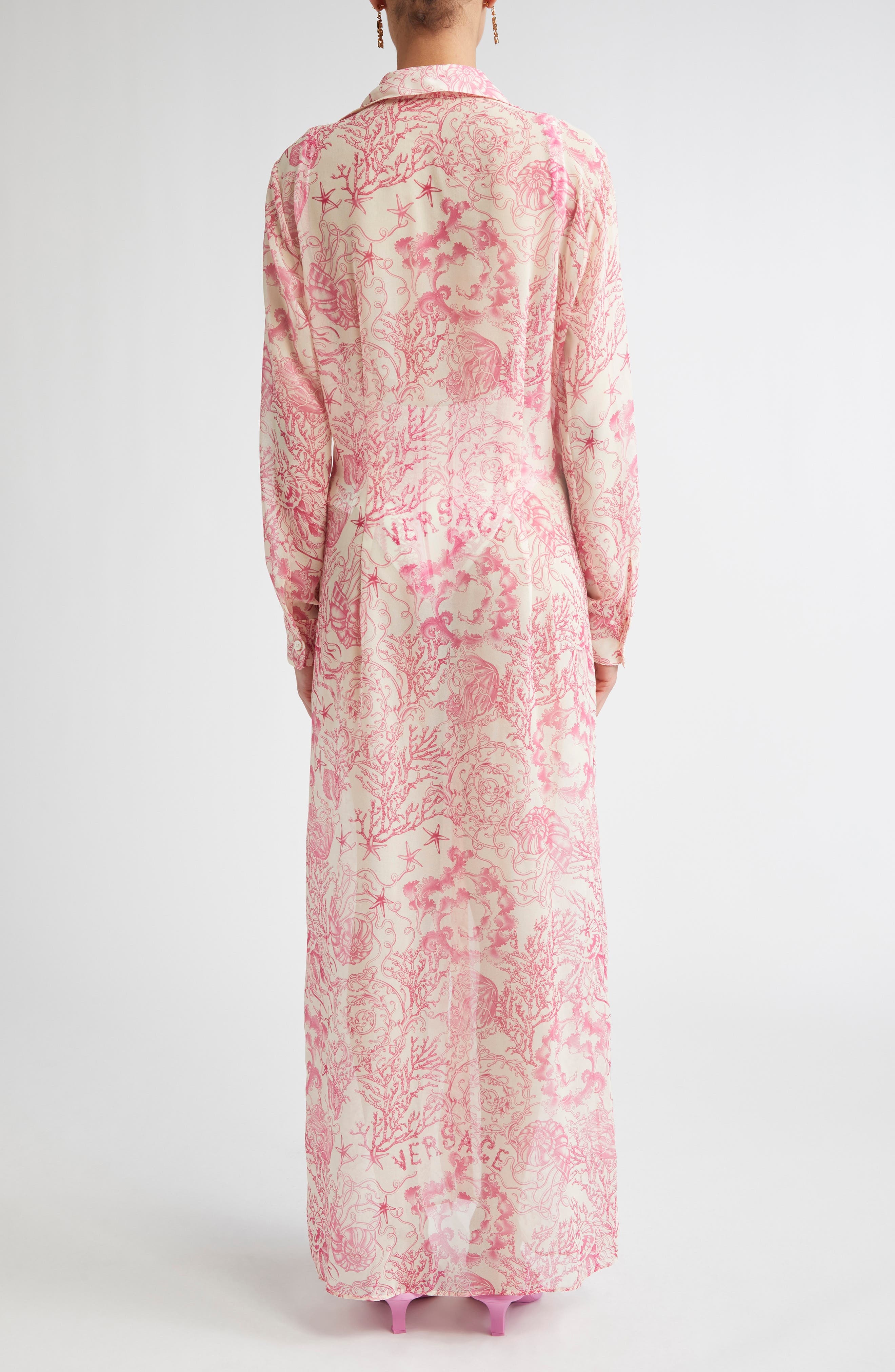 Versace Underwater Barocco Long Sleeve Cover-Up Shirtdress in Eggshell/Dragonfruit at Nordstrom - 2