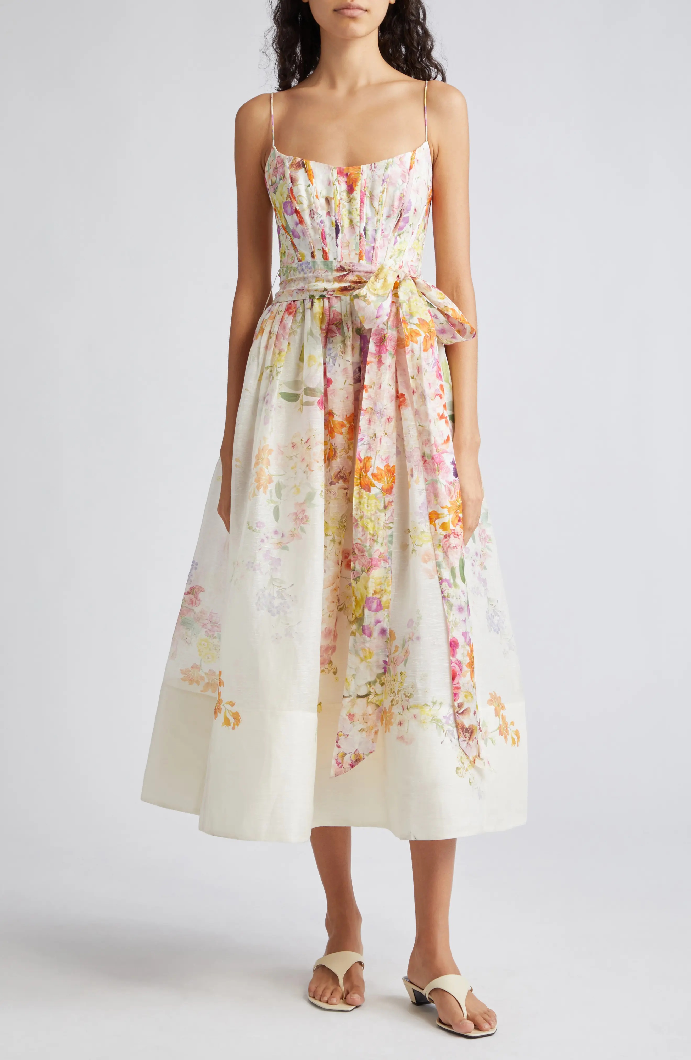 Natura Floral Linen & Silk Organza Corset Midi Dress - 1