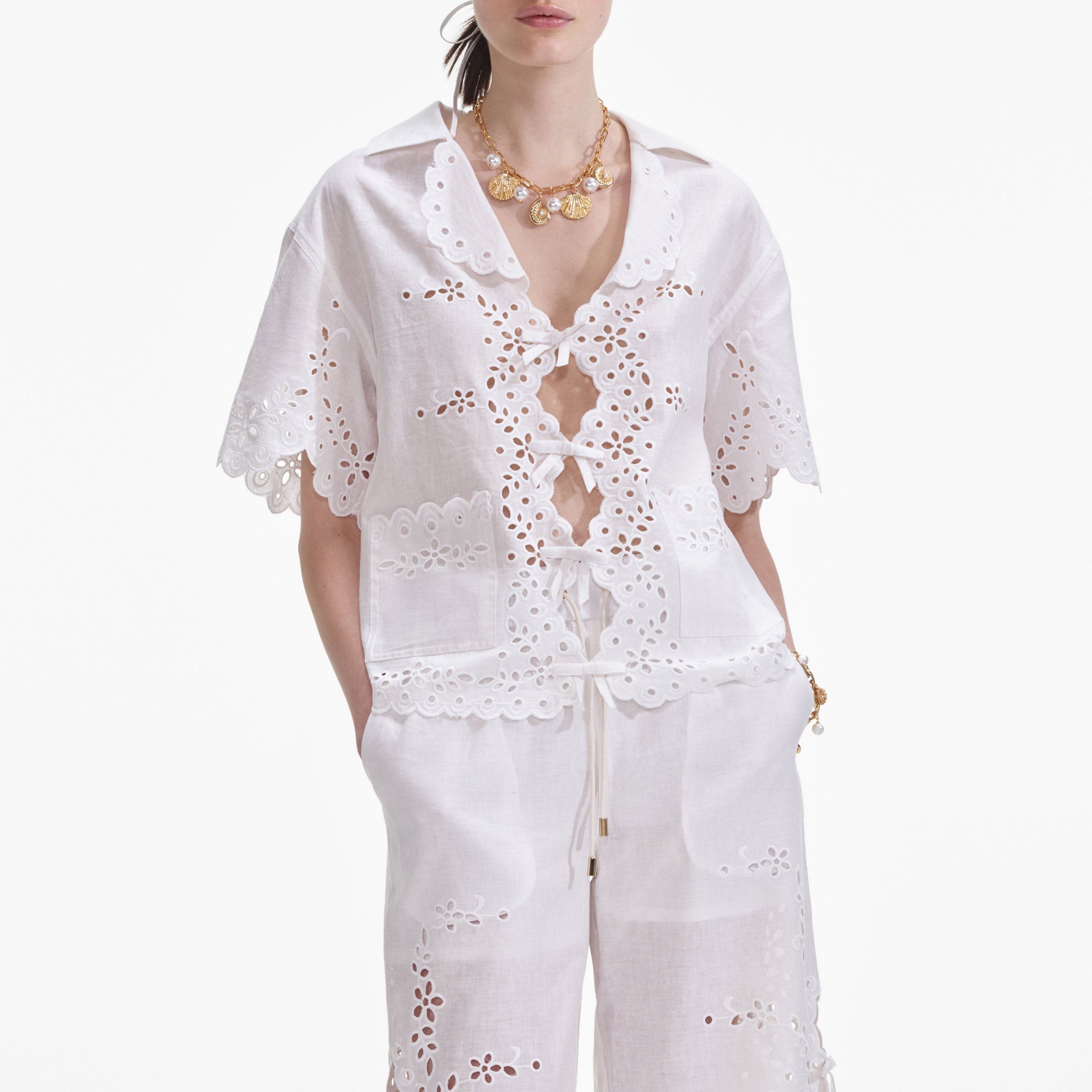 Cream Linen Embroidered Shirt - 4