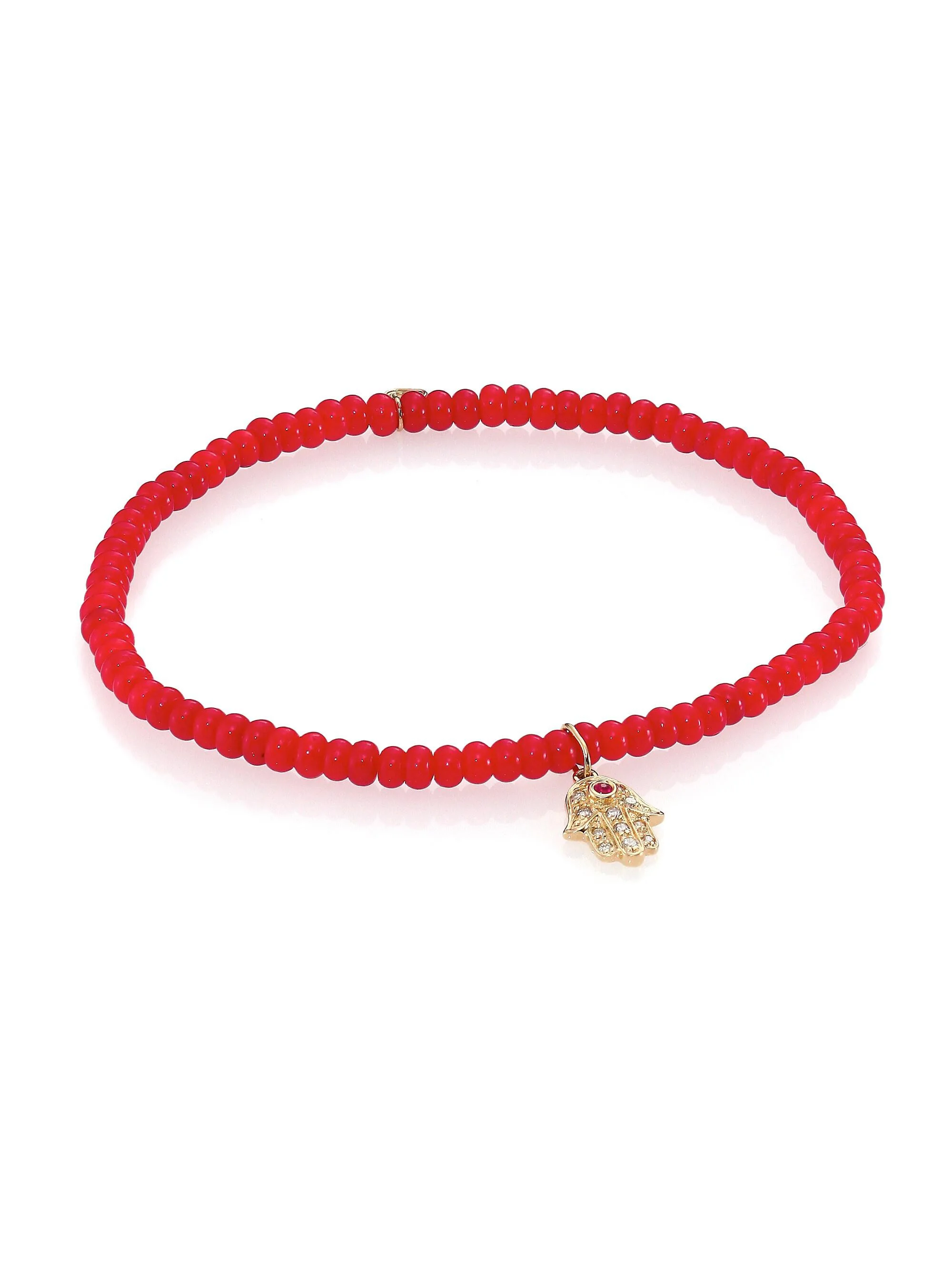 Hamsa Diamond, Red Coral & 14K Yellow Gold Hamsa Beaded Bracelet - 1