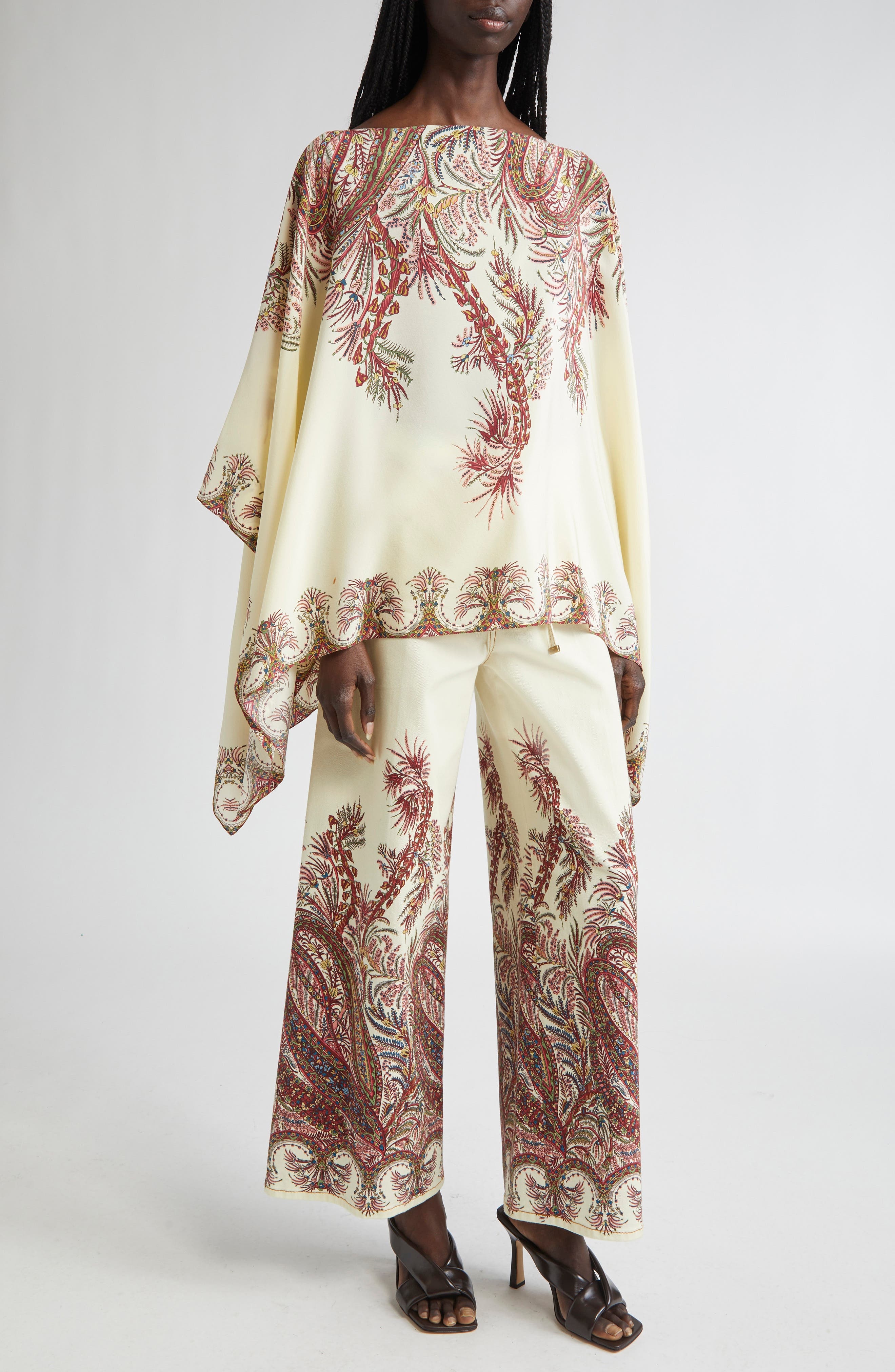 Etro Paisley Border Silk Poncho Top in Stampa F.do Bianco at Nordstrom - 2