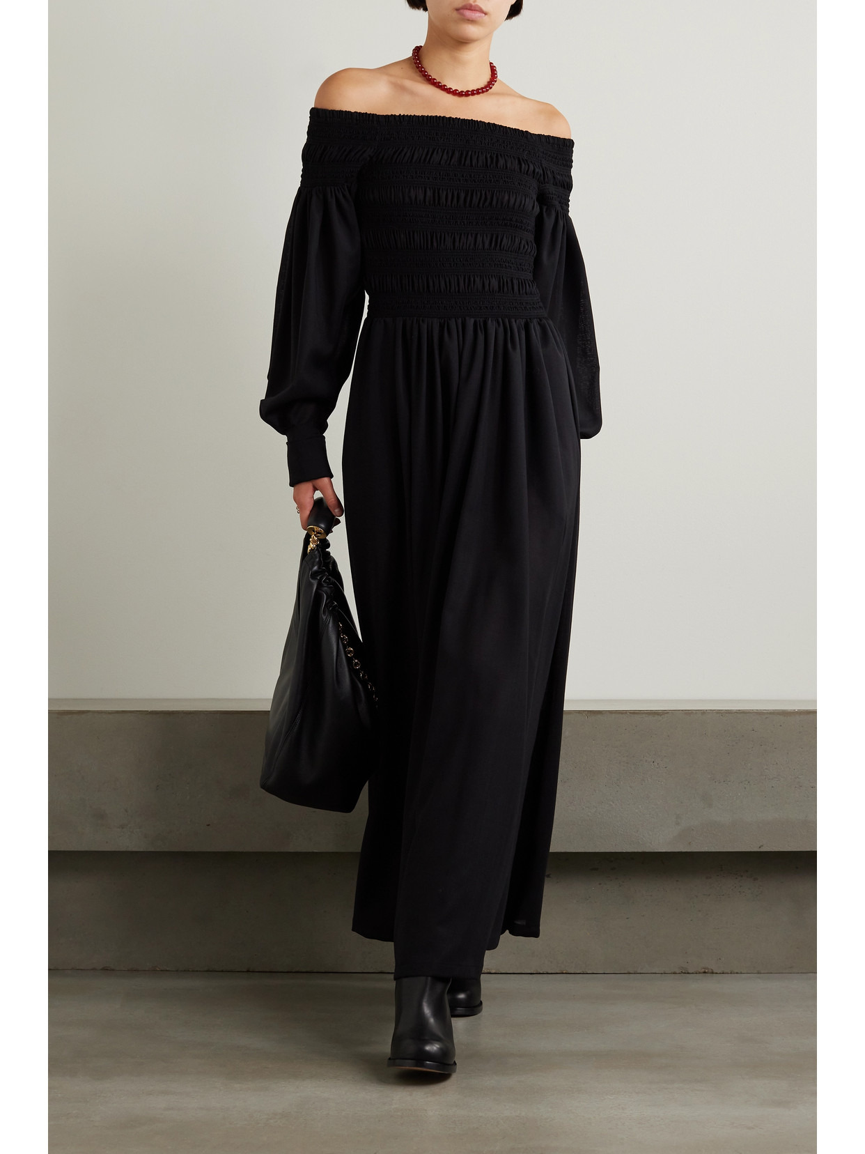 Max Mara Manu Off-the-shoulder Shirred Wool-gauze Maxi Dress