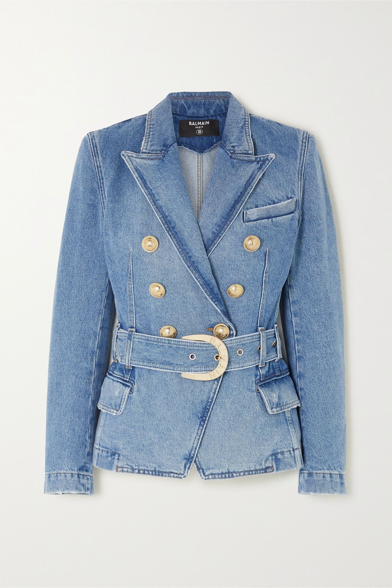 Double-breasted belted denim blazer - 1