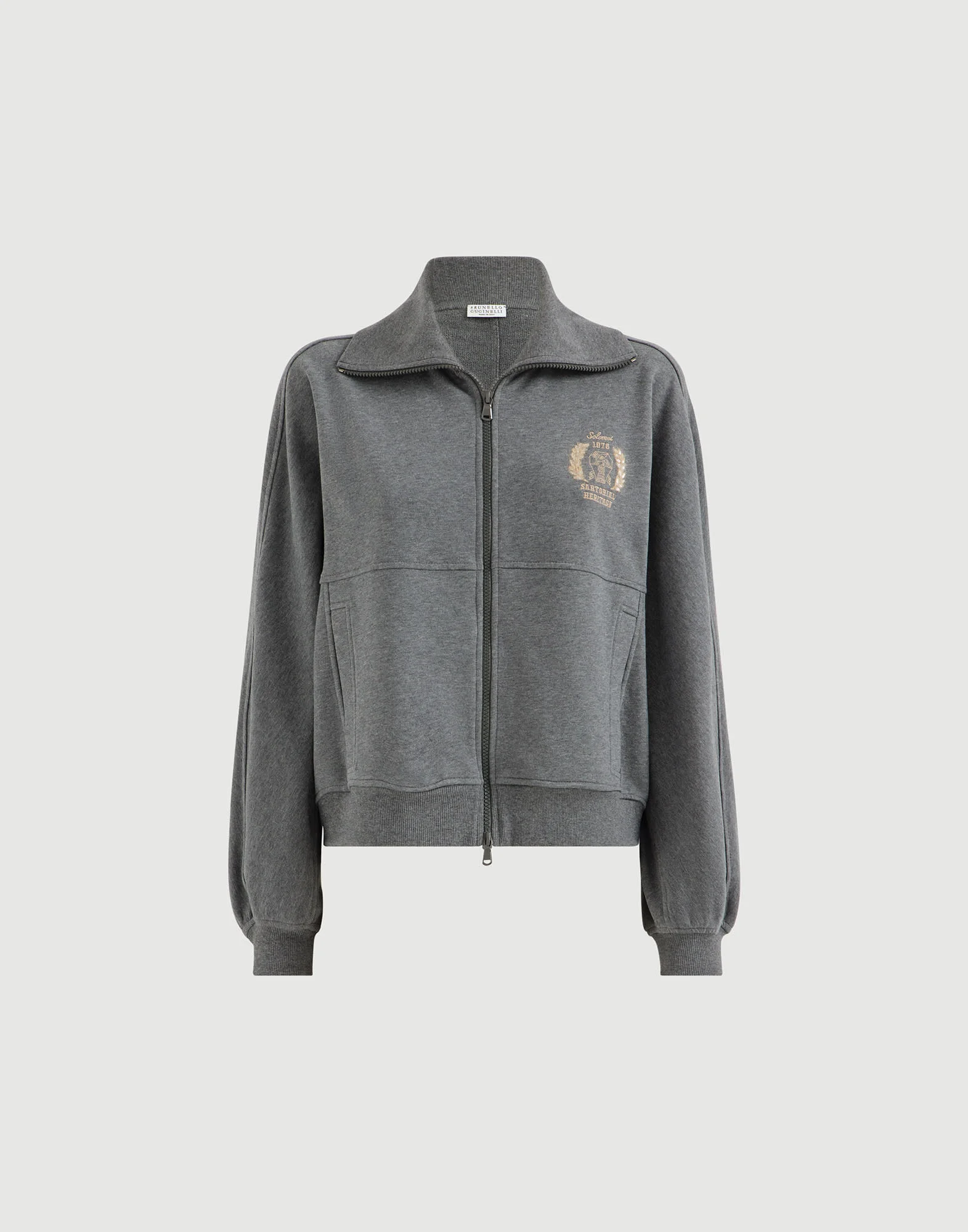 Cotton smooth French terry sweatshirt with zip and embroidered logo - 1