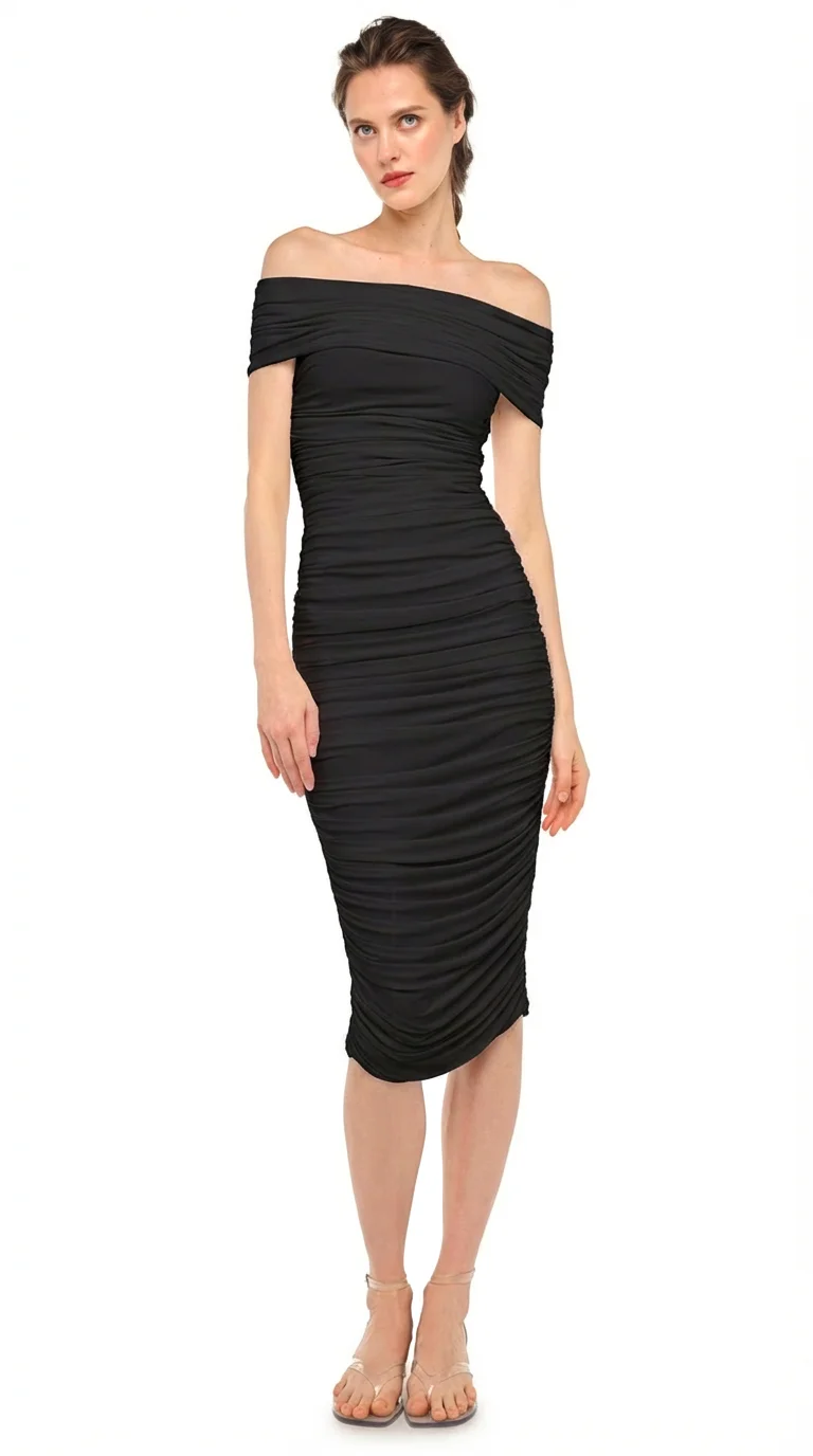 COWL NECK SHIRRED DRESS - 1