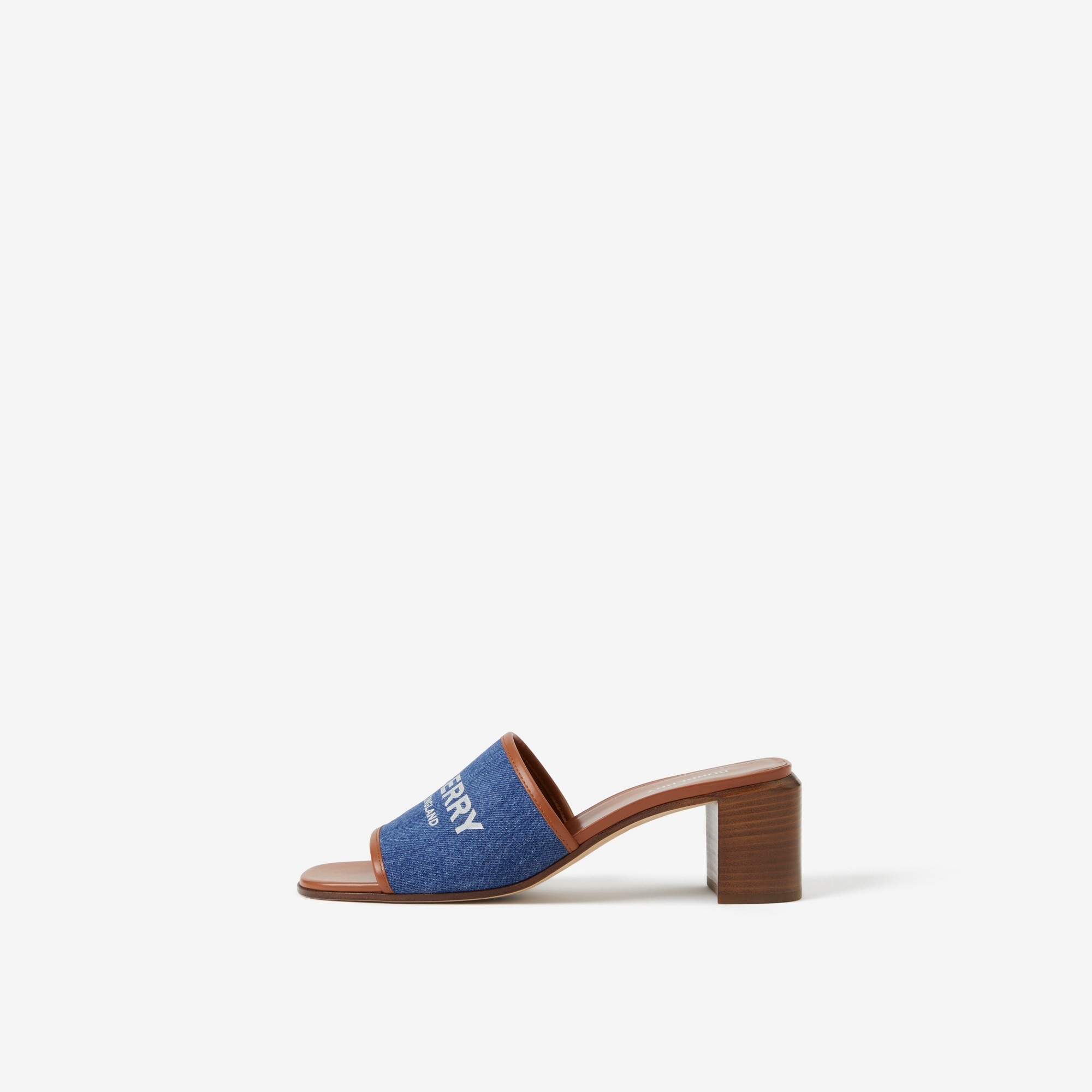 Label Print Denim and Leather Mules - 5