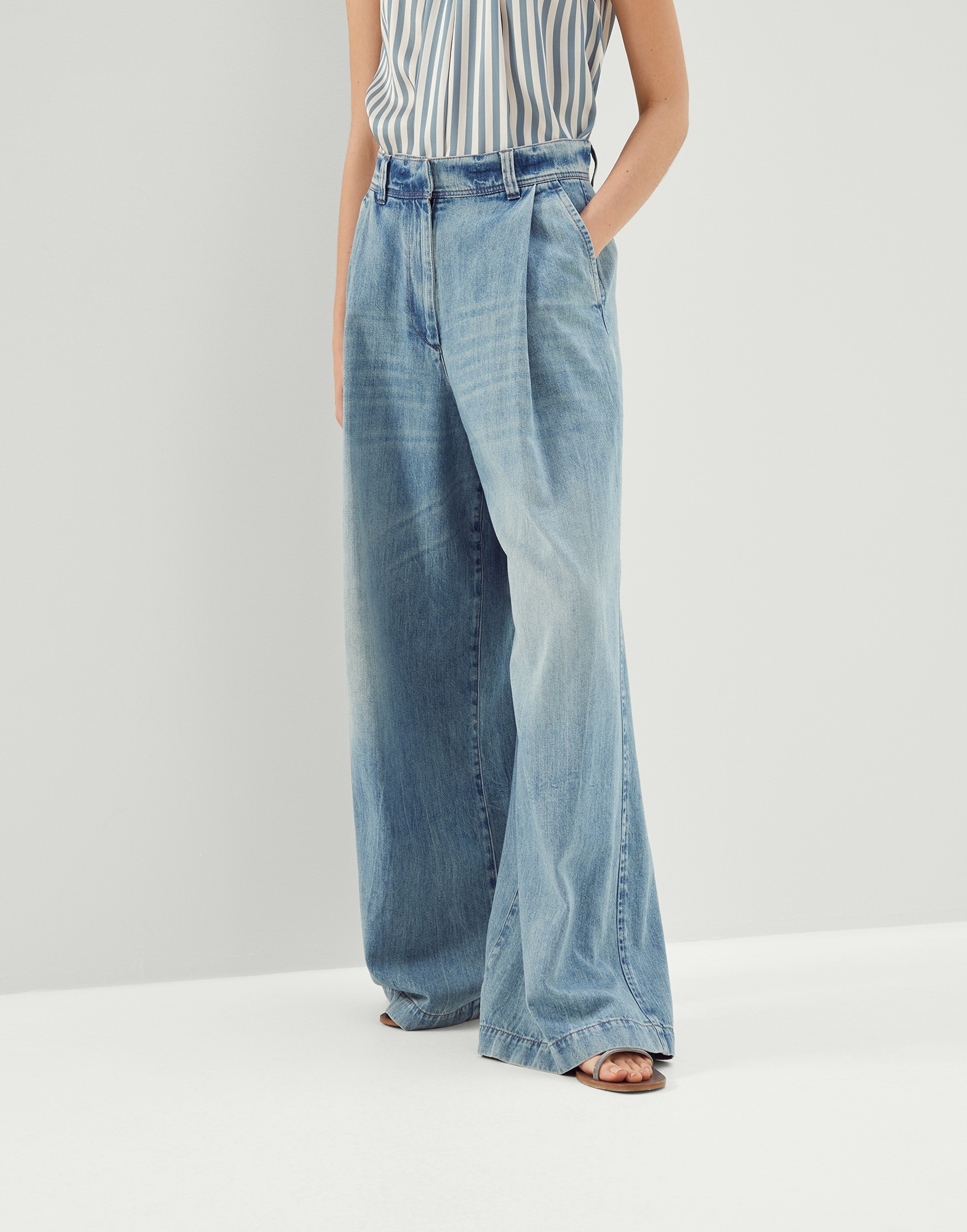 Soft denim extra-wide trousers with shiny patch - 1
