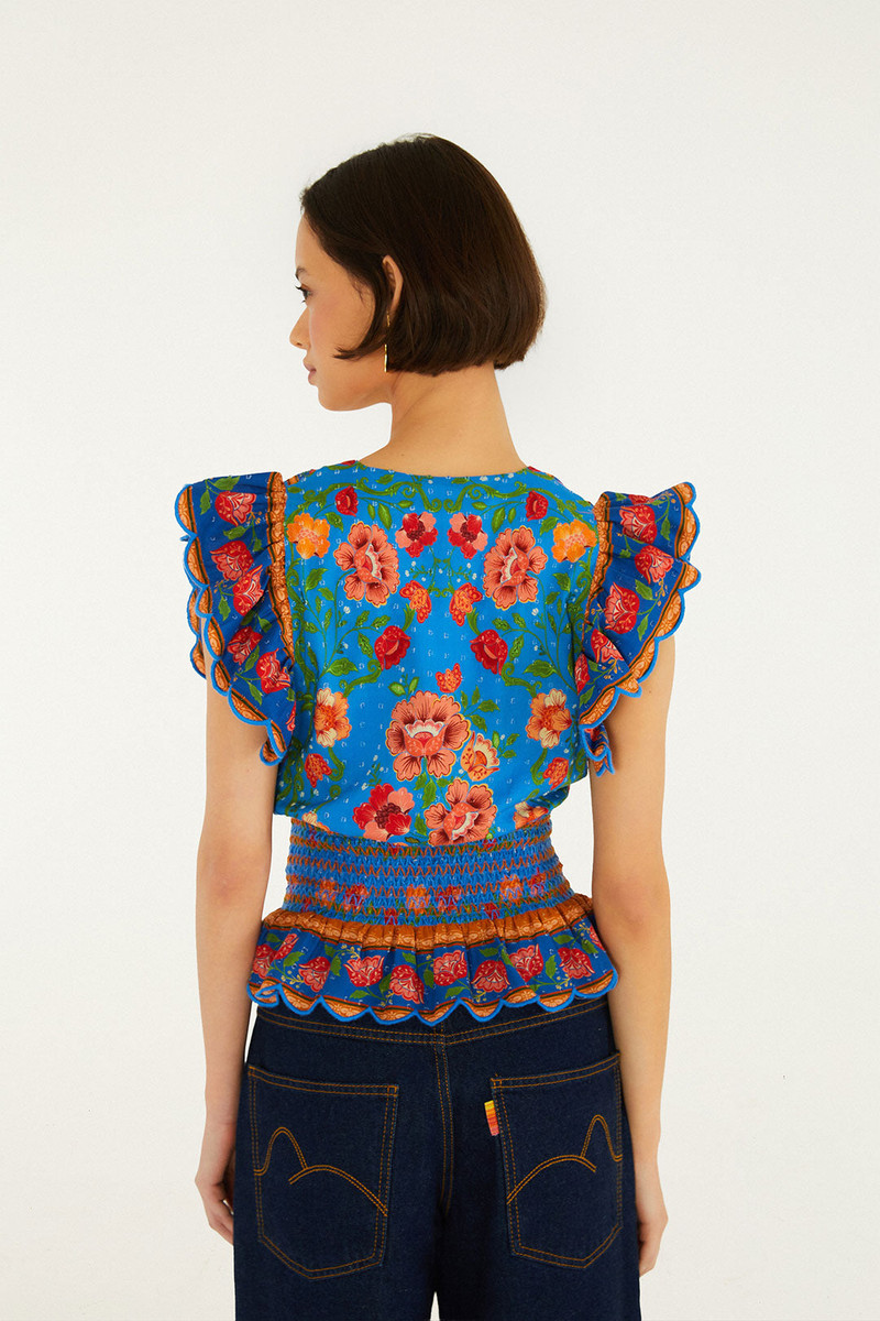 Bright Blue Rococo Flowers Blouse 3