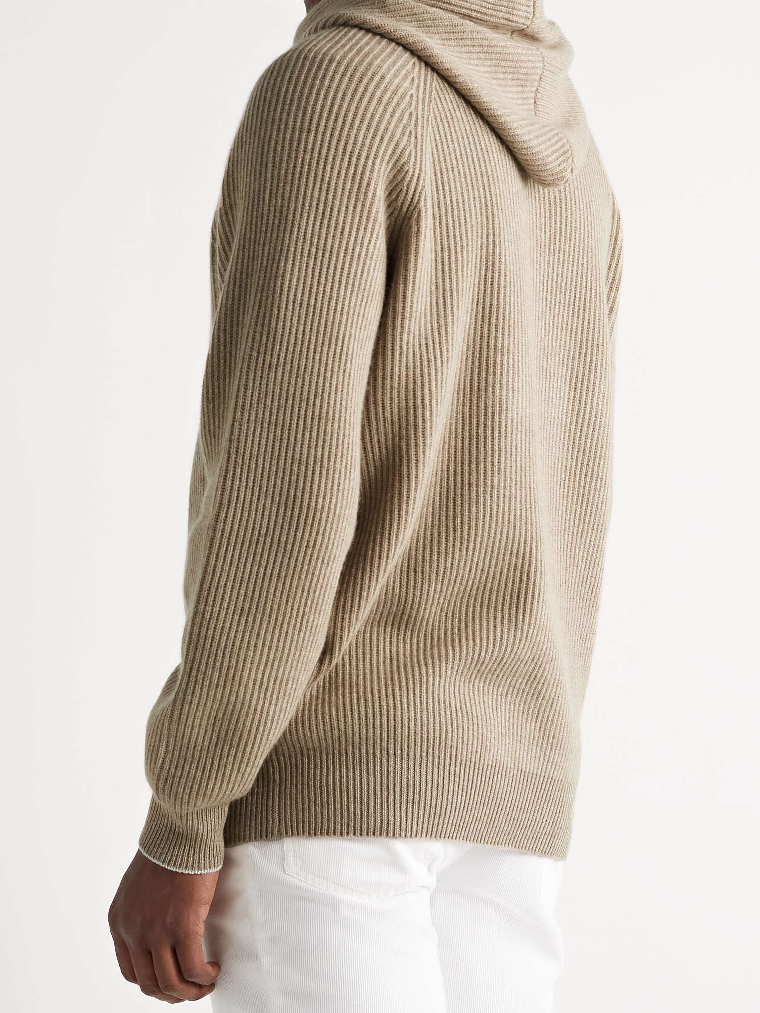 Contrast-Tipped Ribbed Cashmere Hoodie - 9