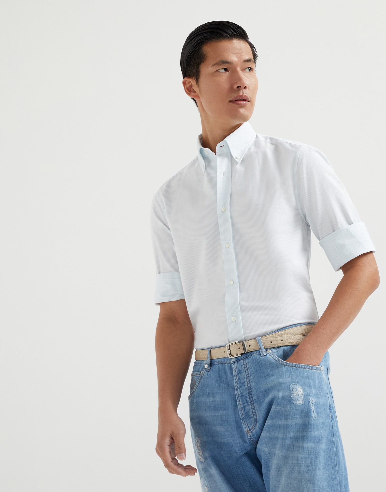 Striped poplin slim fit shirt with button-down collar - 4