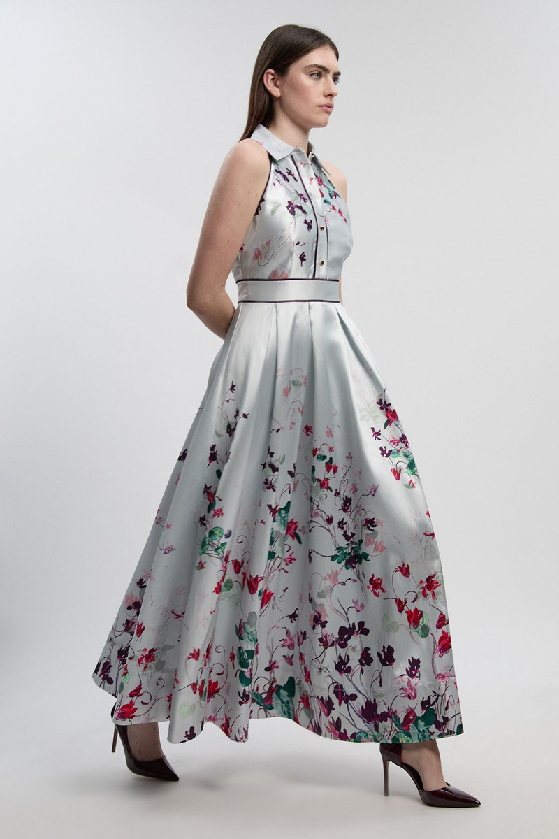 Scattered Floral Twill Collared Woven Maxi Dress 1