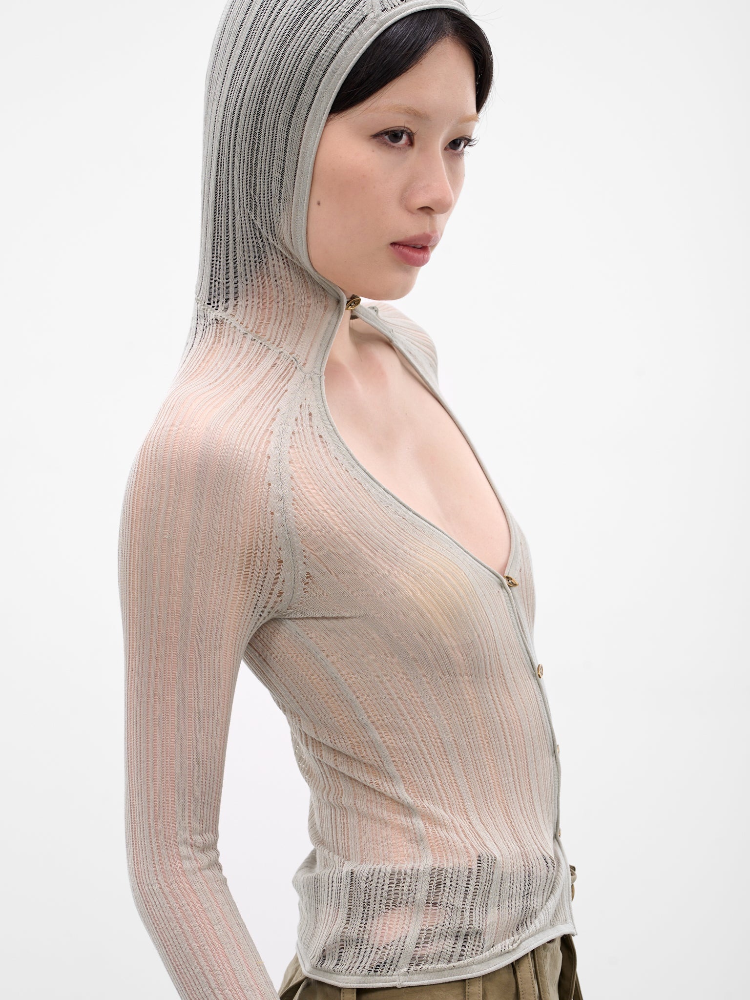 Grey Sheer Knit Hood Cardigan - 5